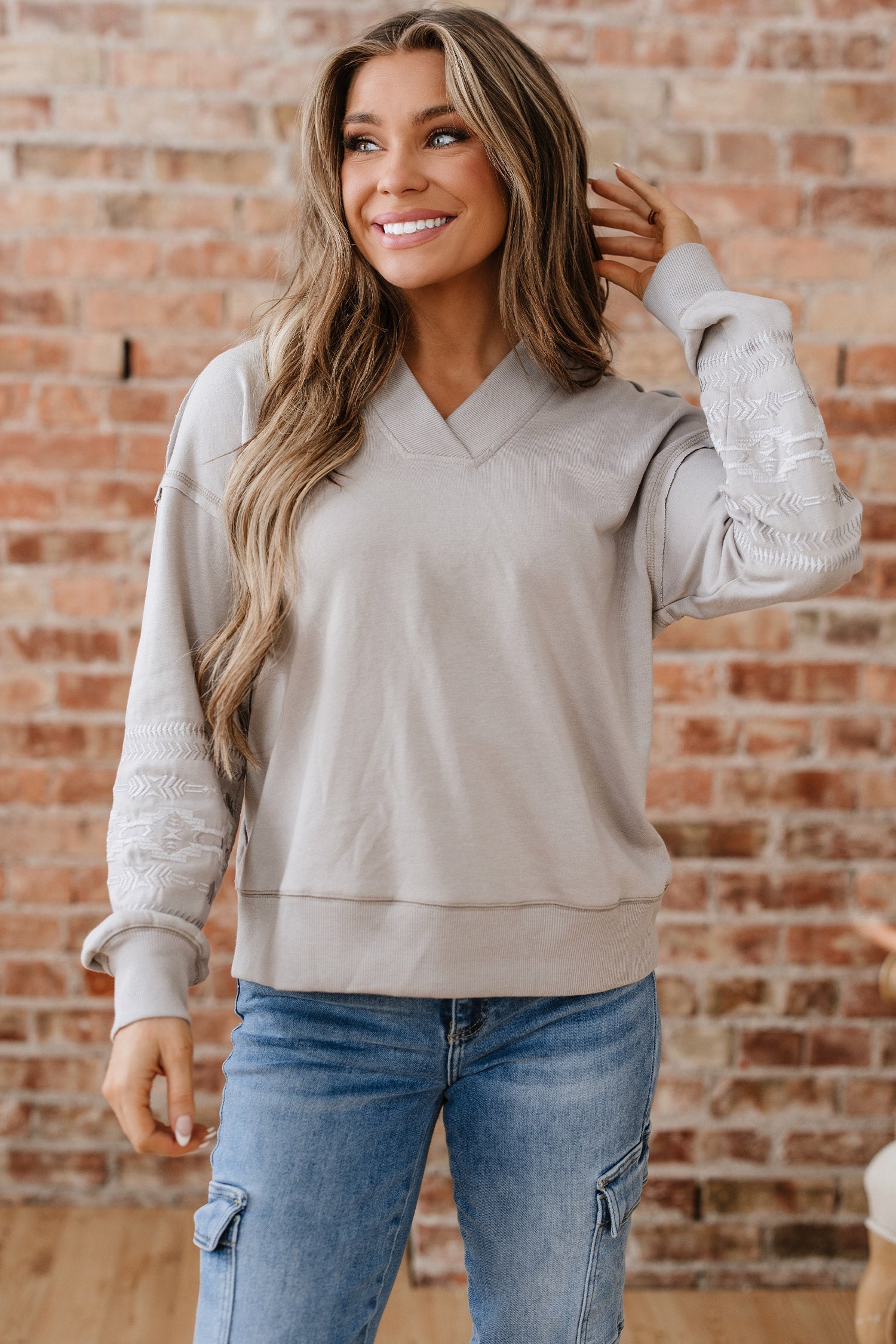 Aztec Embroidered Western V-Neck Sweatshirt