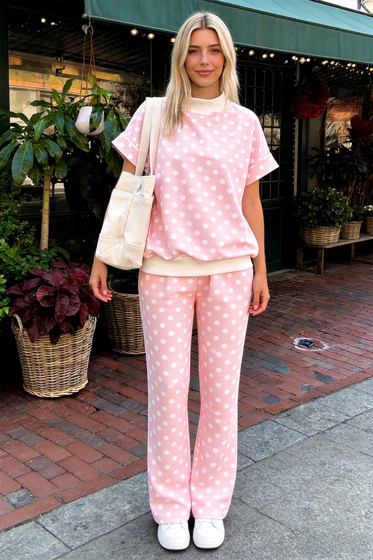 Print Mock-Neck Polka-Dot Mock-Neck Short-Sleeved Top Shift Pant Set in Pink