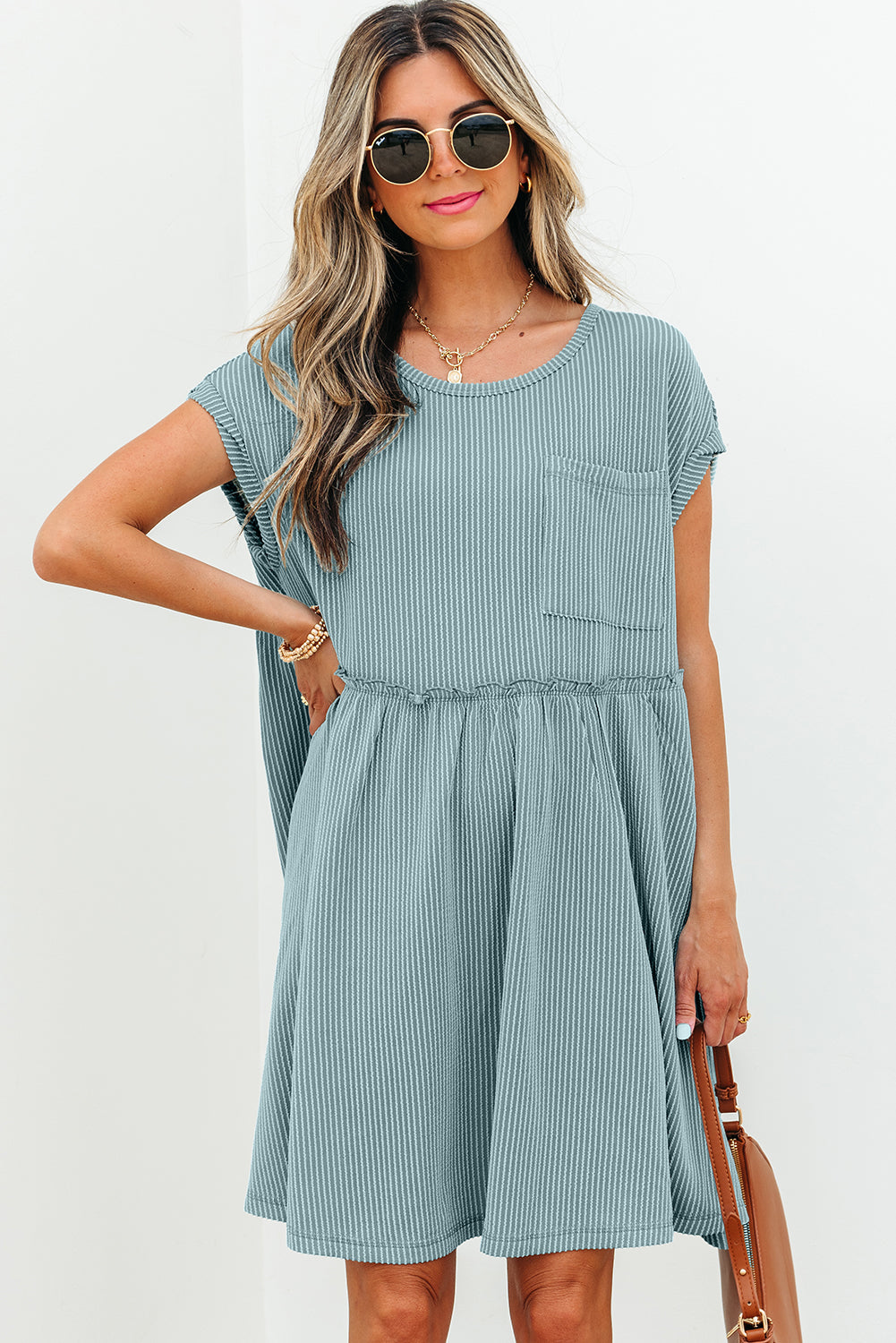 Knit Textured Corded Textured Patched Pocket Frilled Swing Mini Dress Featuring Pockets