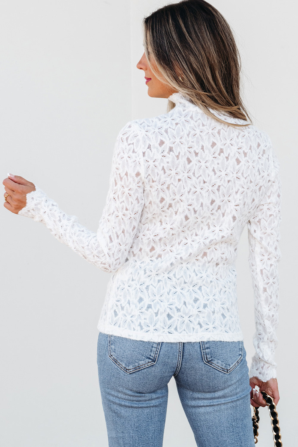 White Flower Lace See Through Mock Neck Top
