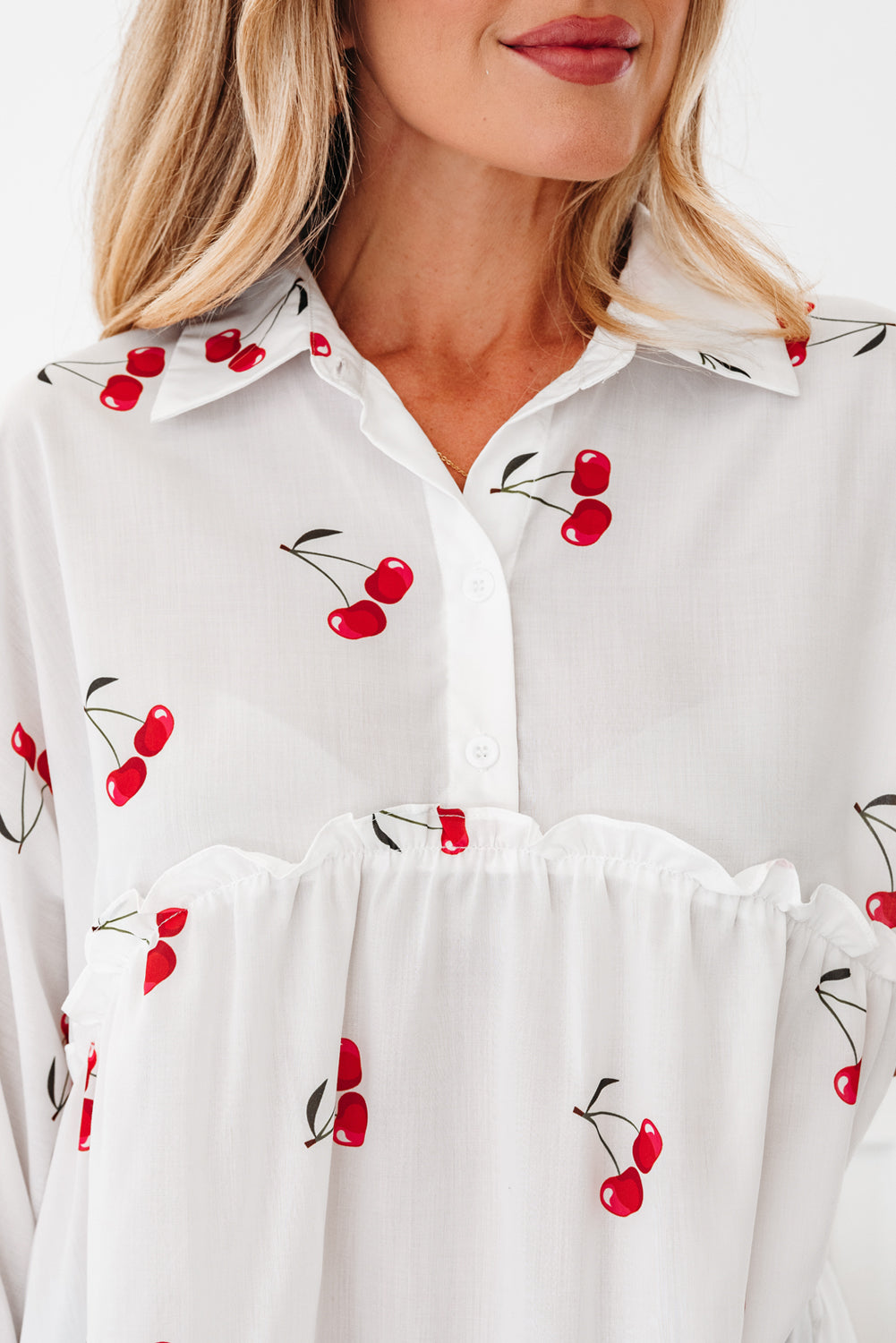 Print Flounce Cherry Flounce Sleeve Collared Frilled Babydoll Blouse