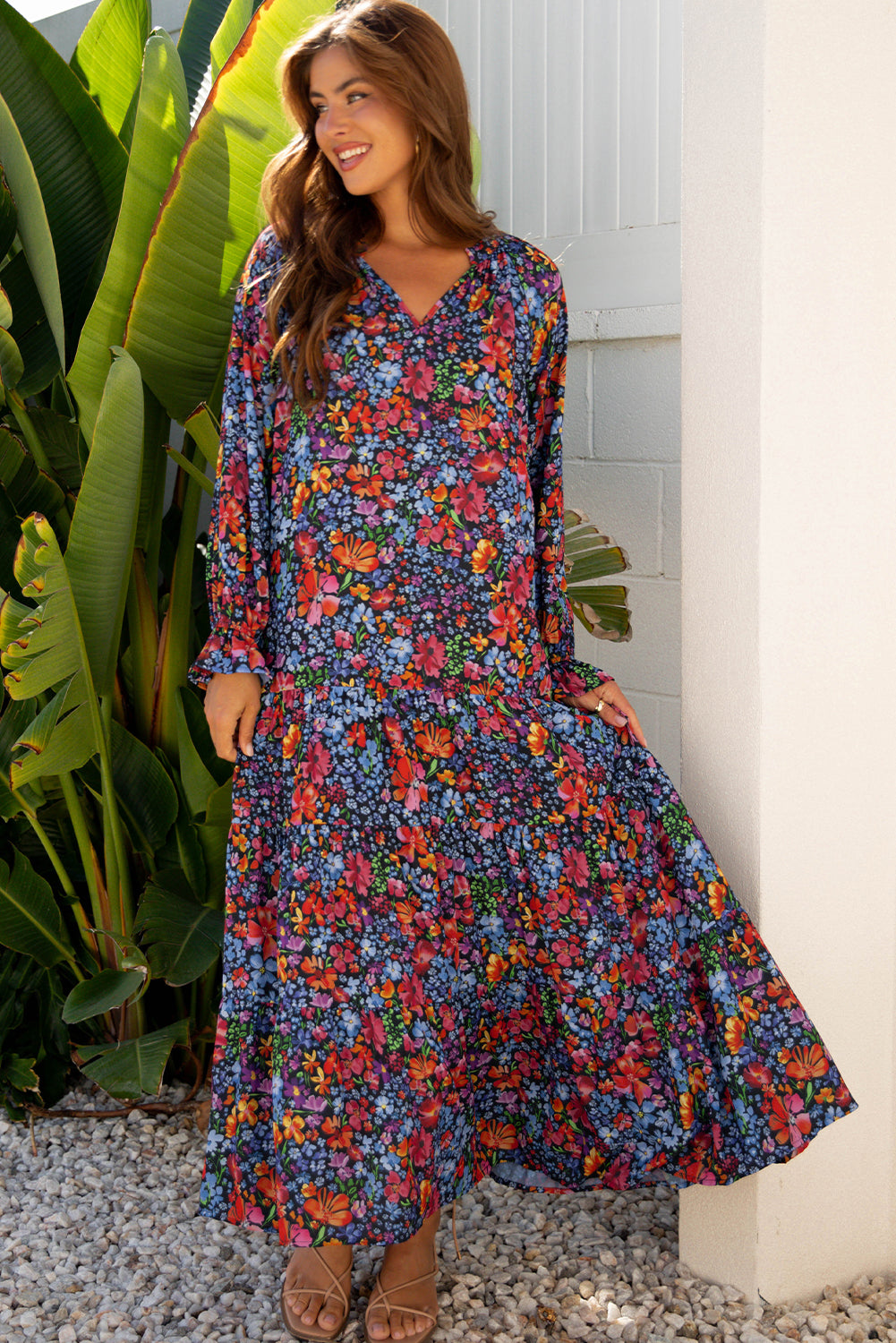 Floral-Print V-Neck Tassel Tie Long-Sleeved Flowy Long Dress