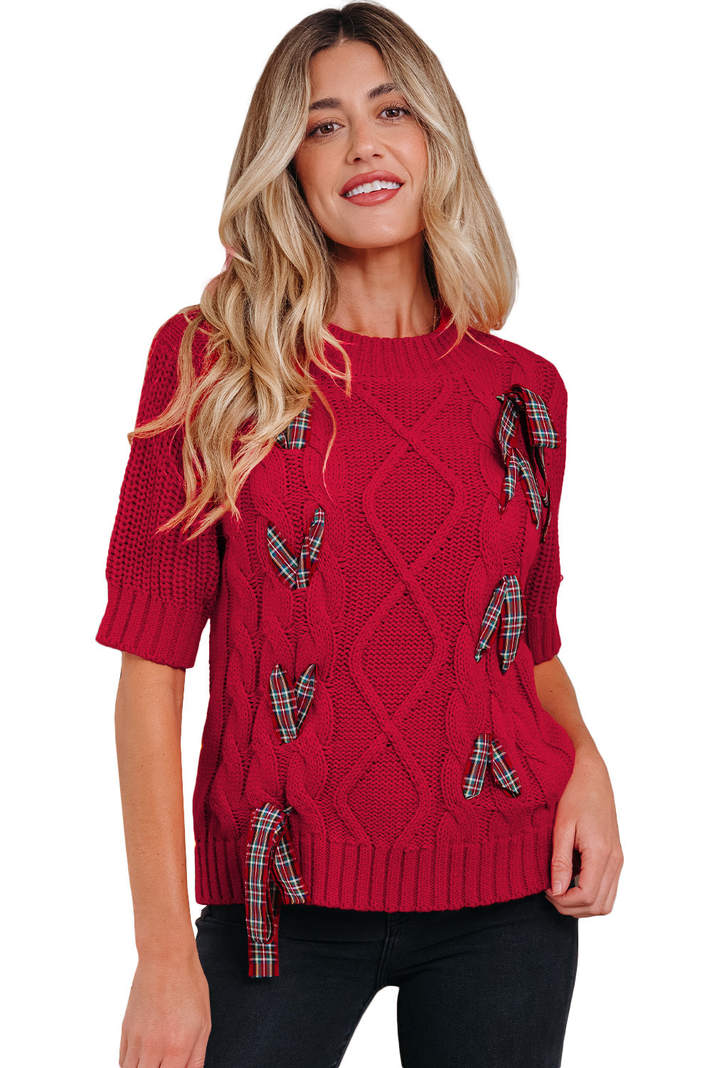 up Plaid Lace Detail Christmas Holiday Puff Short-Sleeved Knit Top