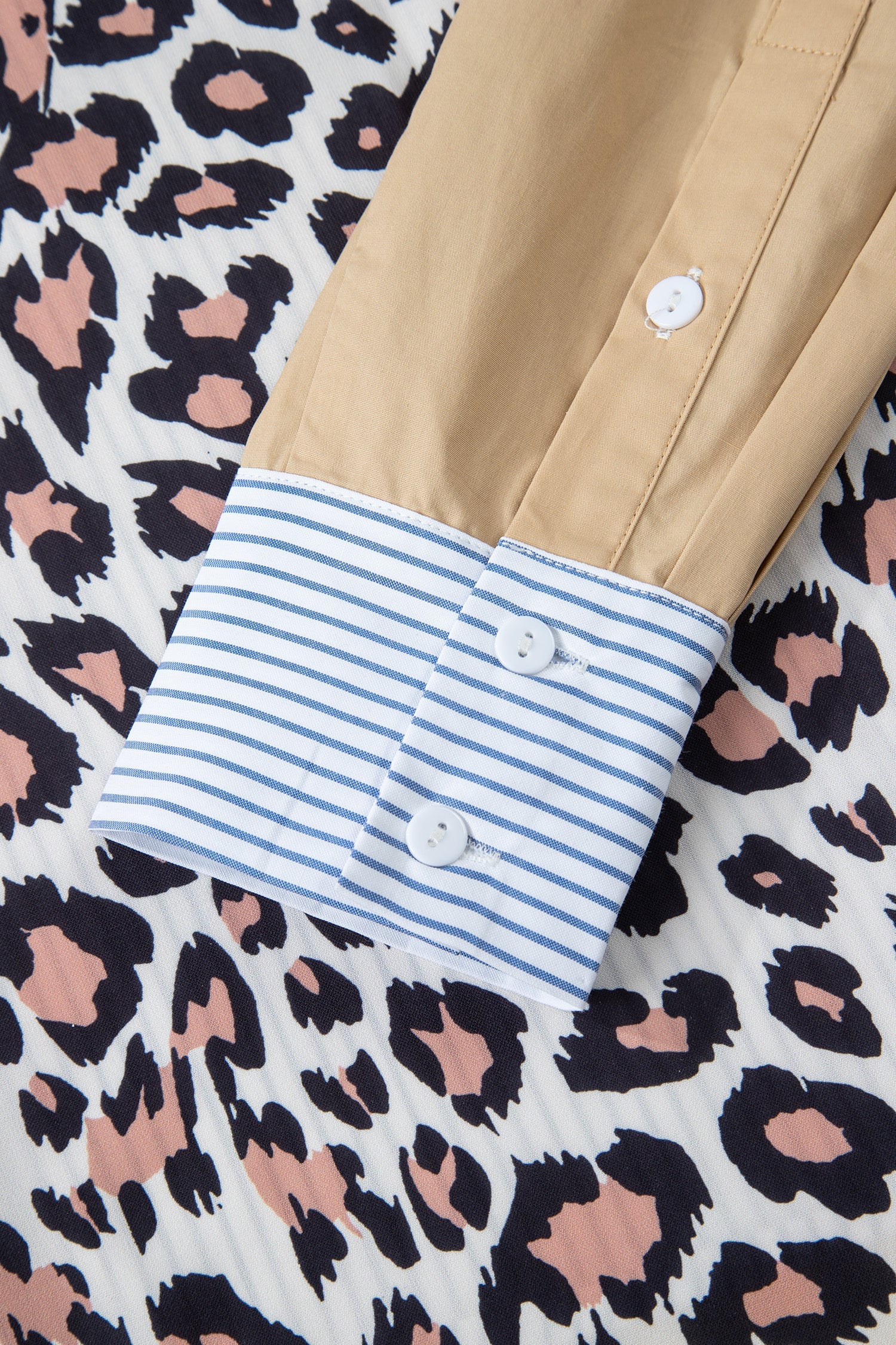 Patchwork Colorblock Leopard Chest Pocket Cuffed Sleeve Shirt