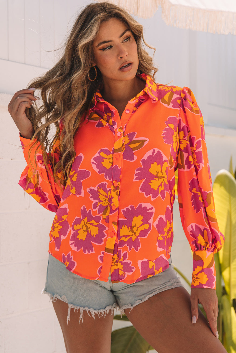 Lantern Sleeve Floral-Print Sleeve Shirt in Orange