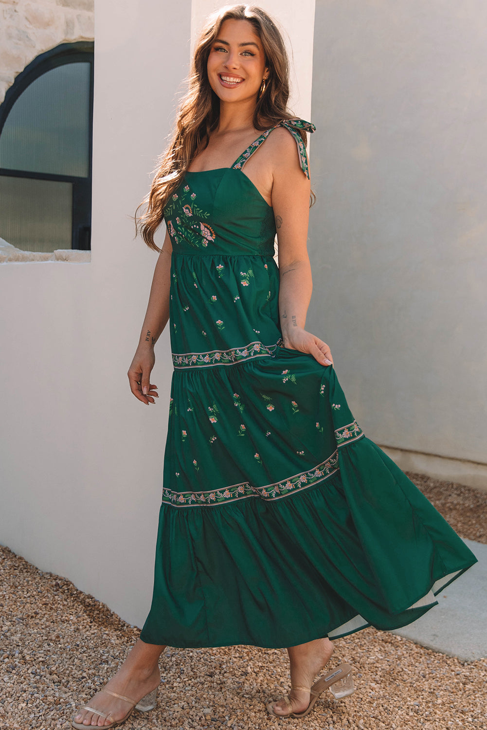 Floral Smocked Back Tied Straps Tiered Maxi Dress