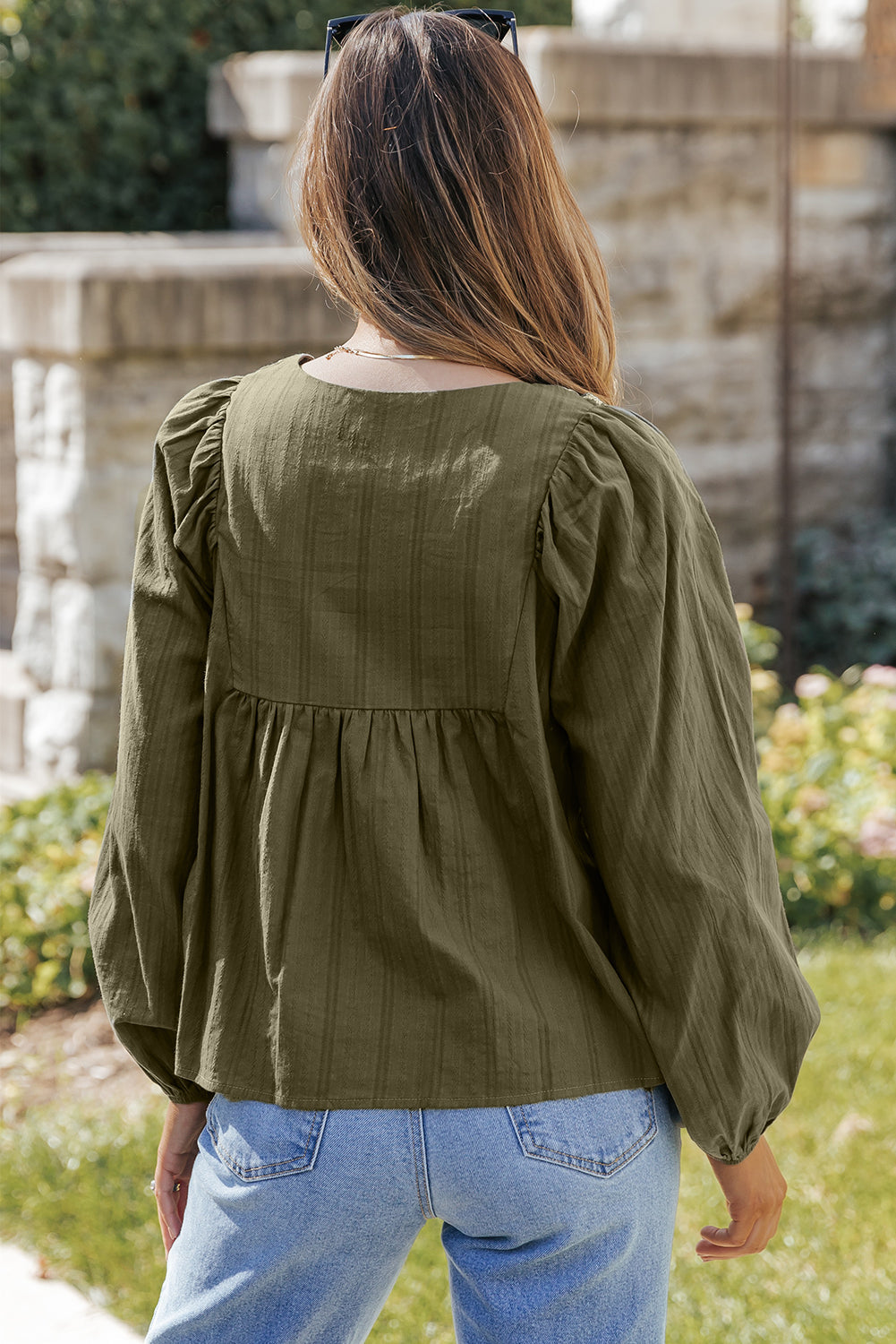 Women's Blouse with Green Split Neck Pleat-Detail Loose