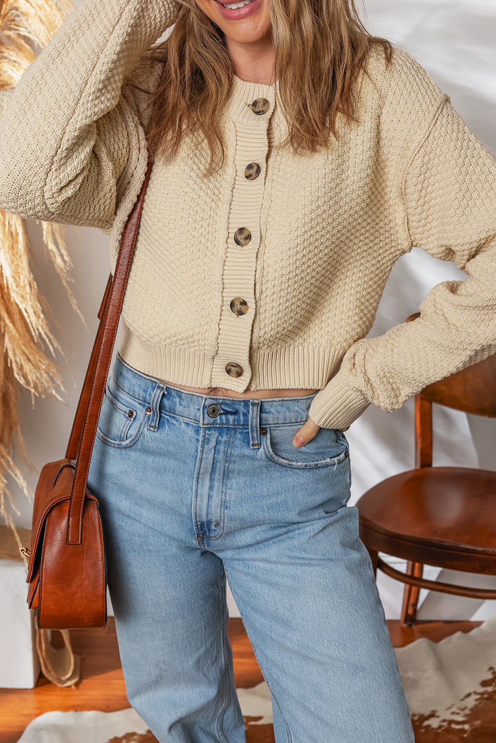 Front Cropped Button Cropped Cardigan Knit Top