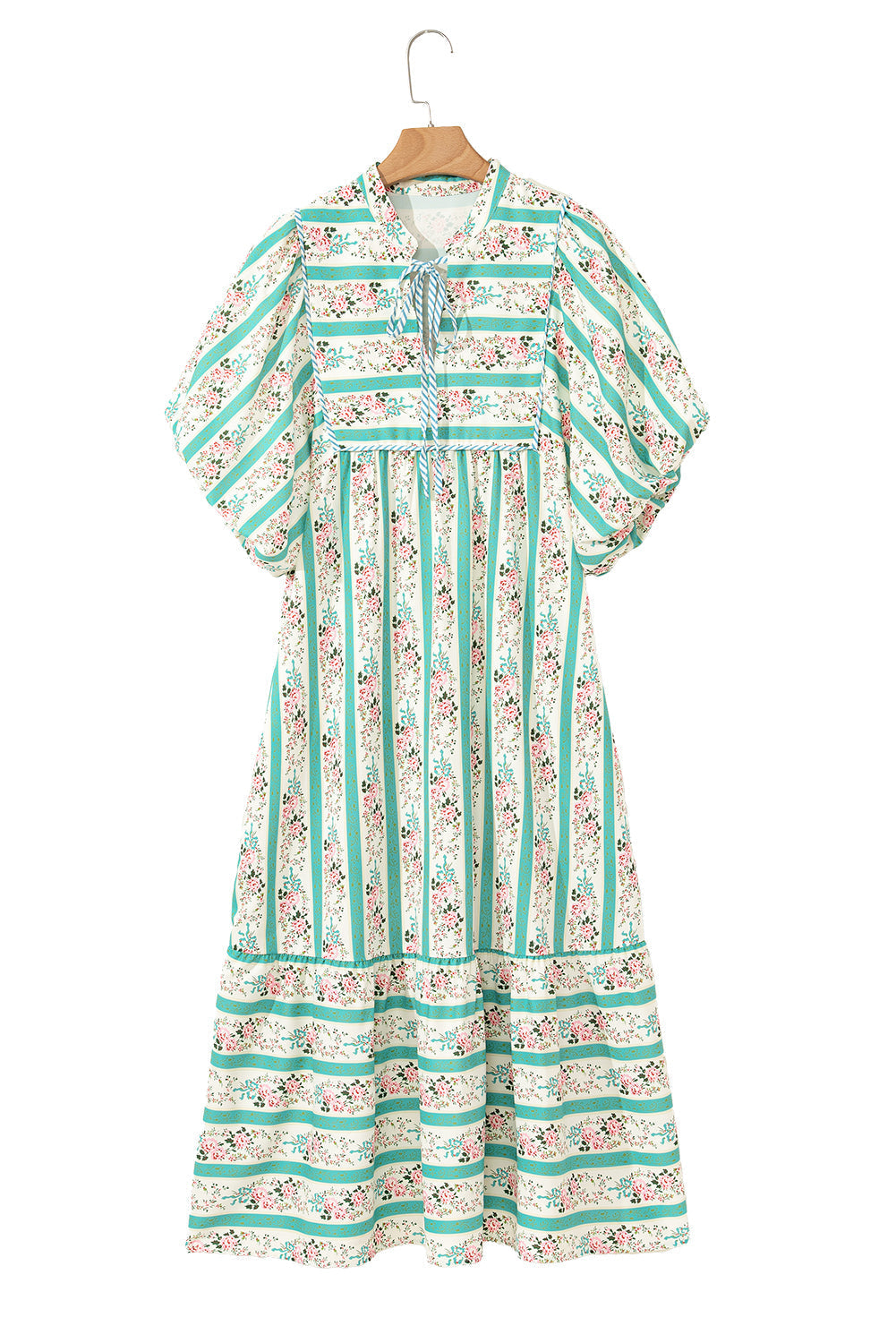 Striped Floral Print Tie Split Neck Puff Sleeve Midi Dress