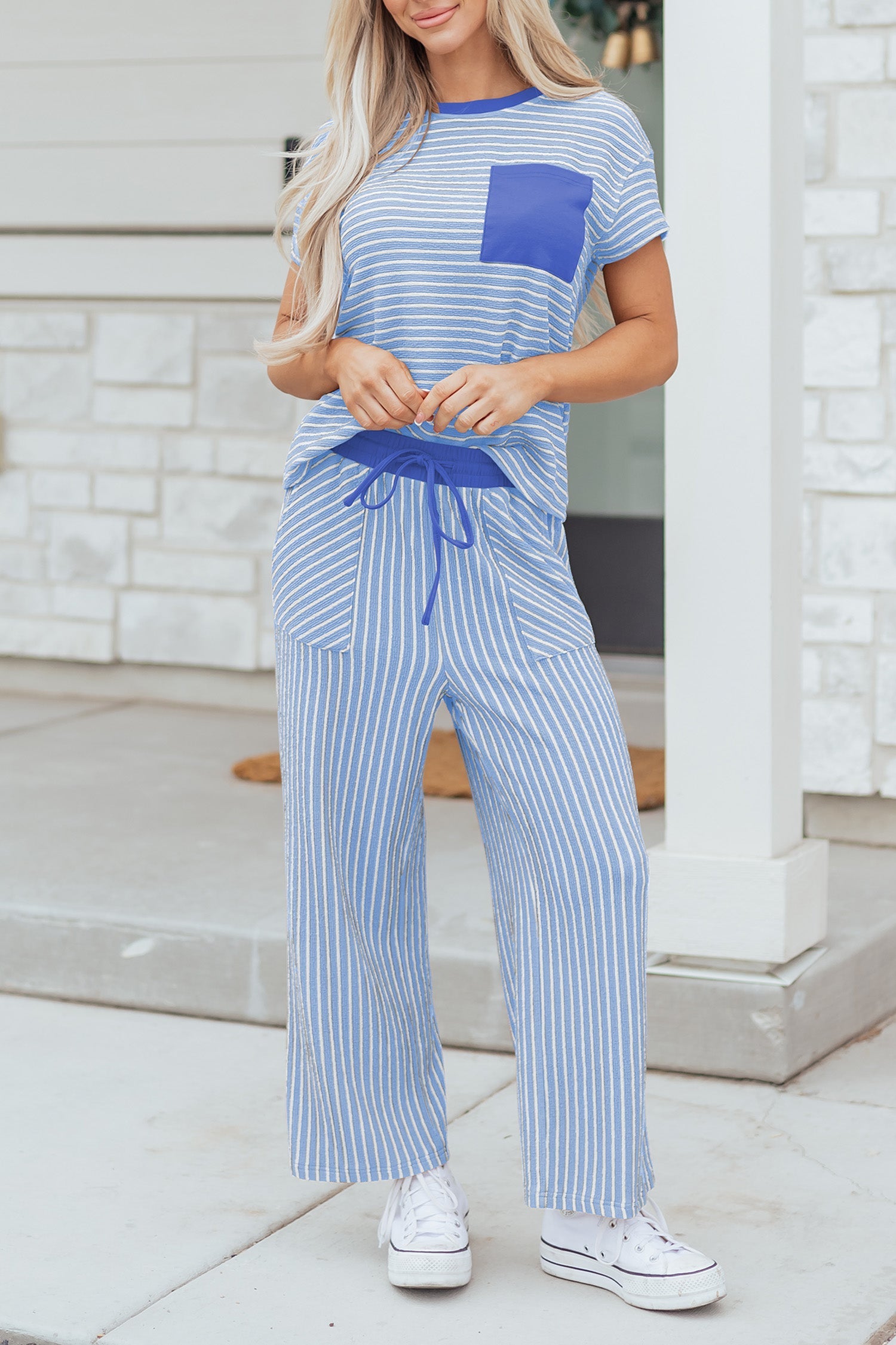 Stripe Drawcord Crew-Neck Tee Waist Cropped Pants Set in Sky Blue