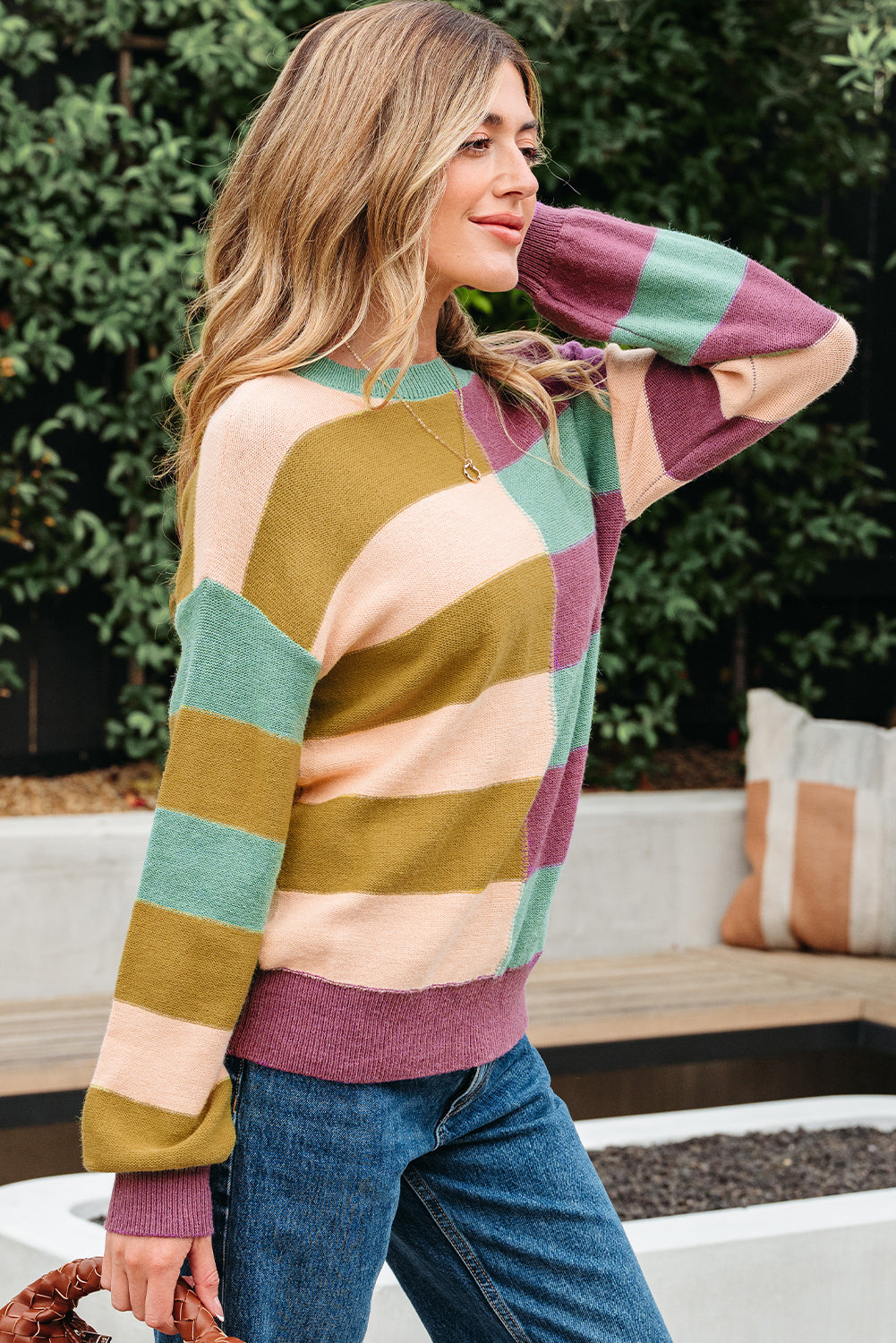 Drop-Shoulder Rib-Knit Stripe Rib-Knit Edge Everyday Knit Top in Green