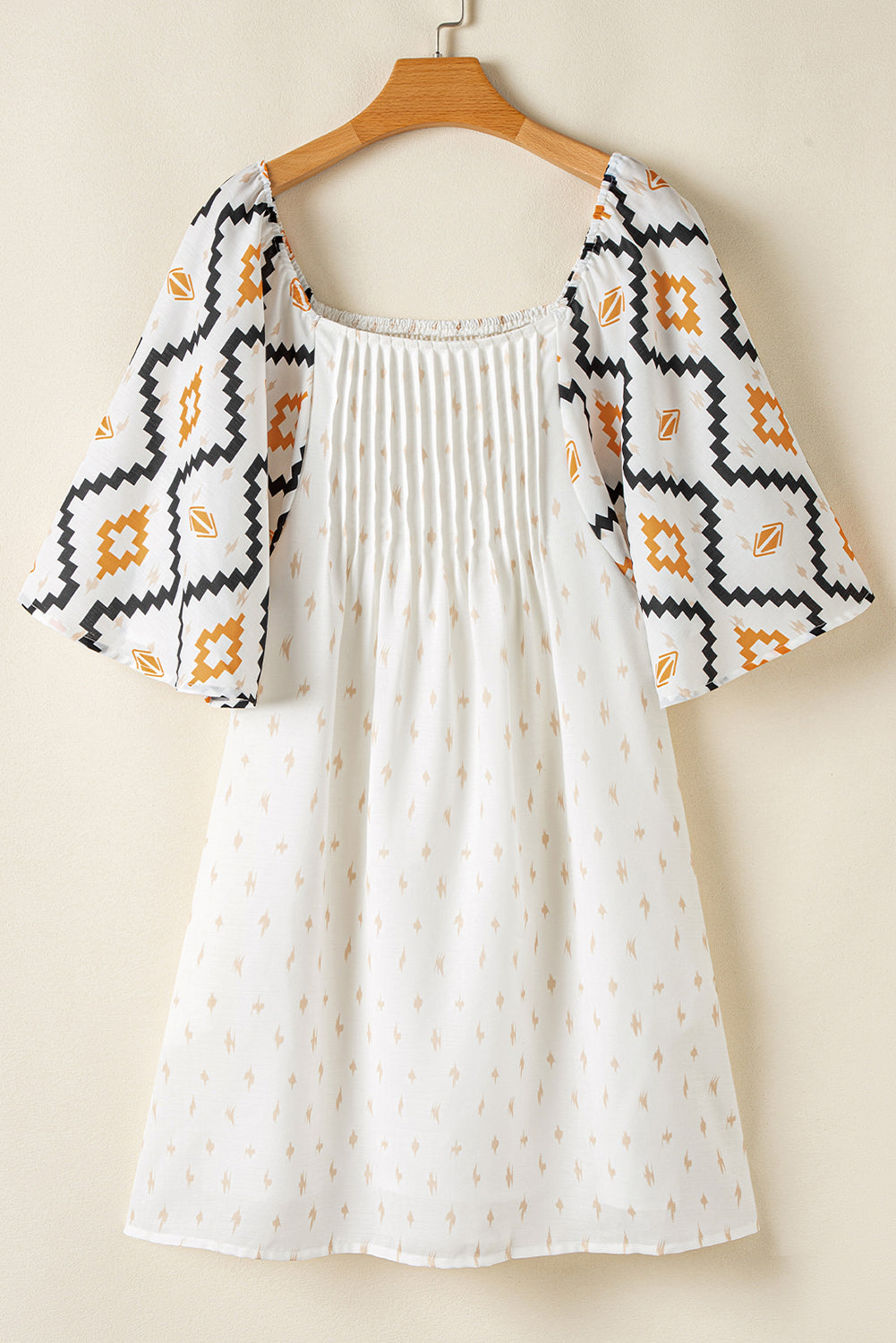 Beige Western Aztec Print Pleated Square Neck Mini Dress