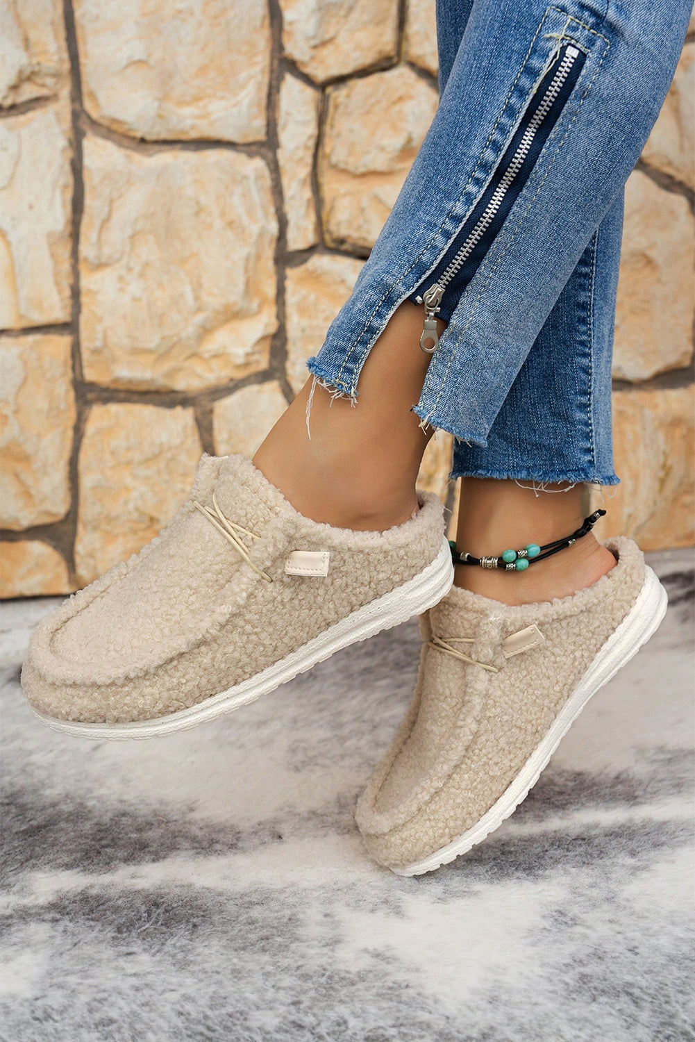 Up Detail Lace Detail Slip On Sherpa Shoes