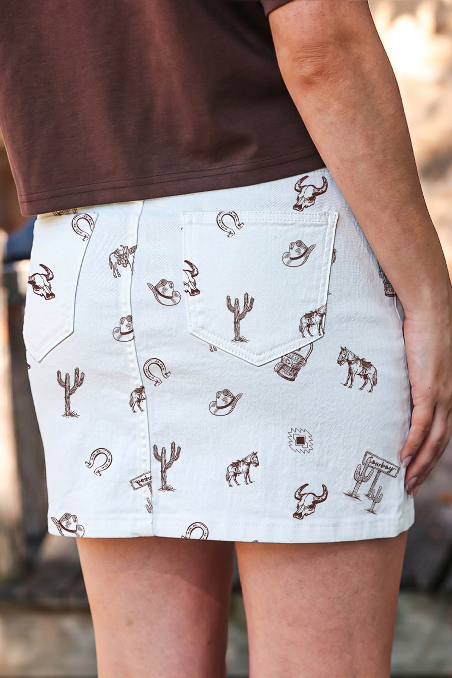 Western Print Cactus Horse Bull Denim Skirt in White