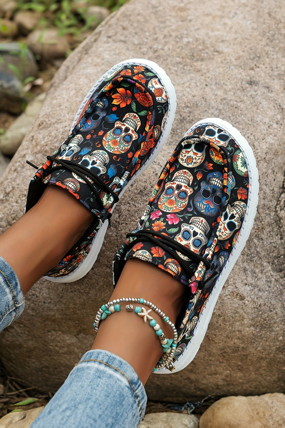 Sugar Lace-up Skull Print Detail Halloween Flat Shoes