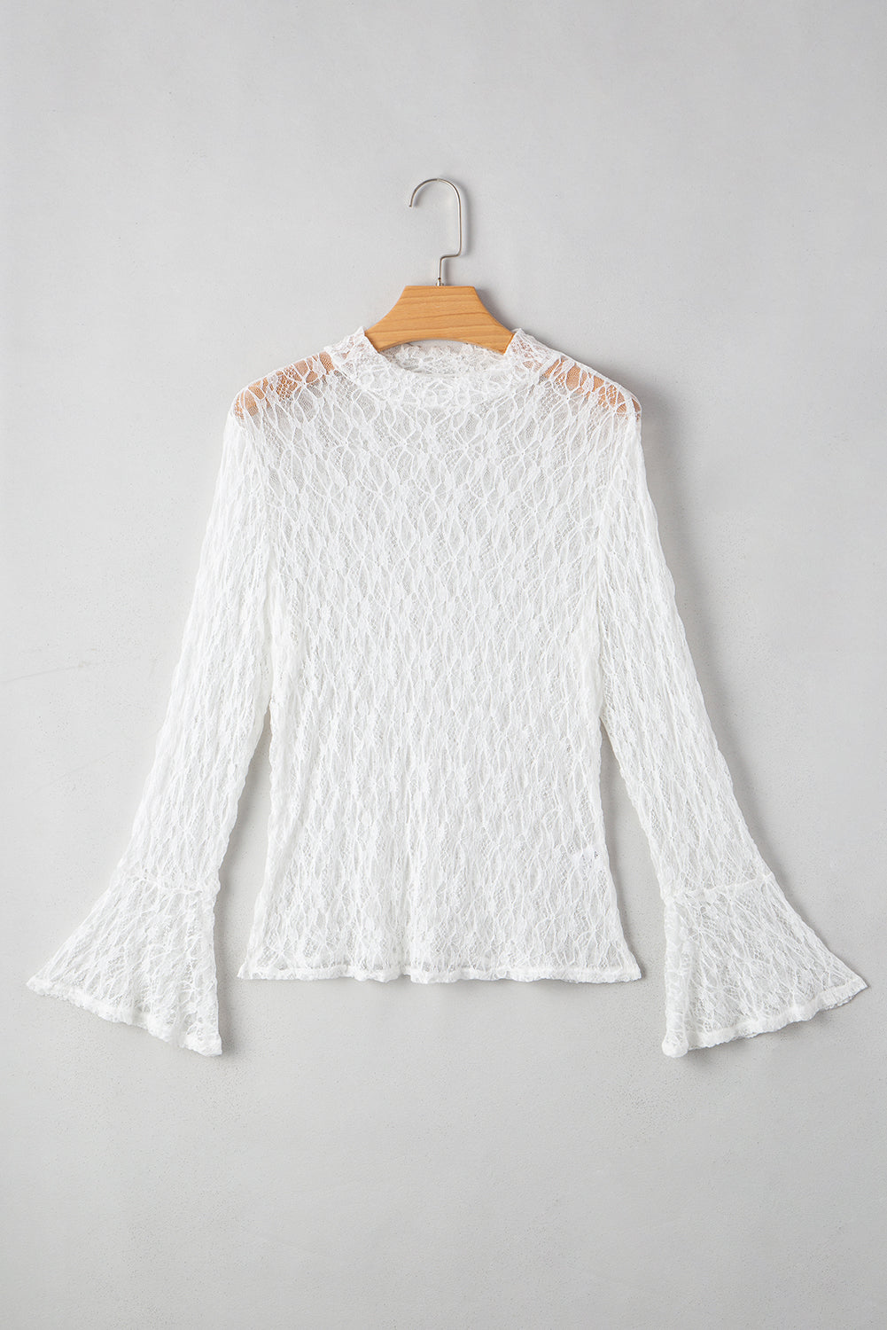 Bell Sheer Lace Sleeve Mock-Neck Blouse