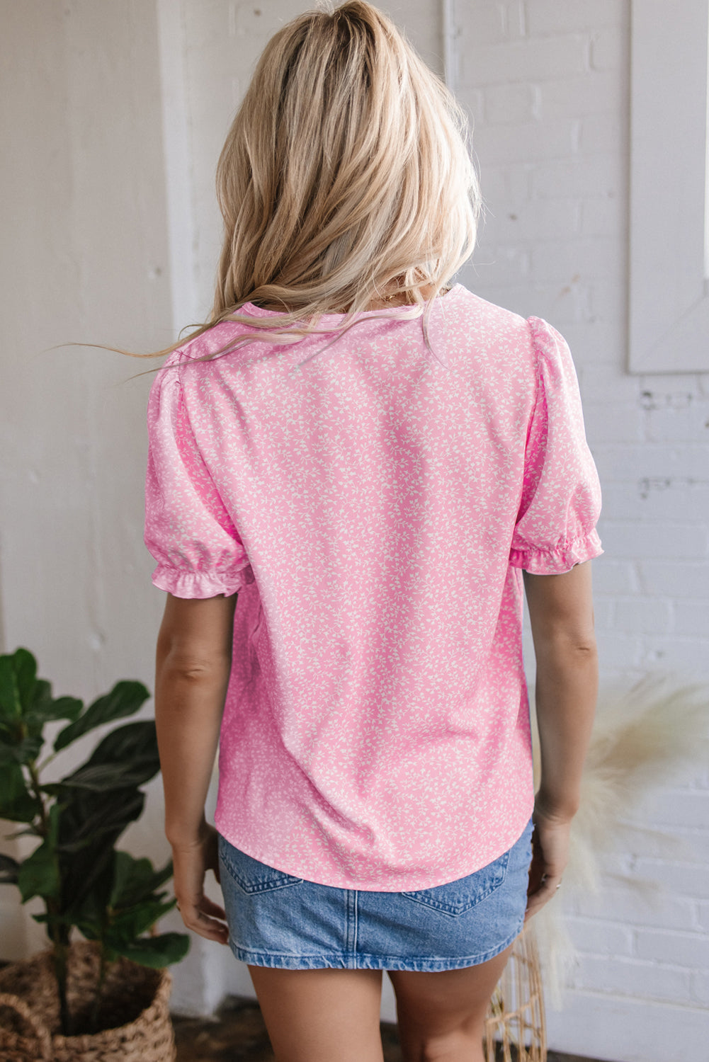 Puff Floral Embroidered Sleeve Notched V-Neck Blouse