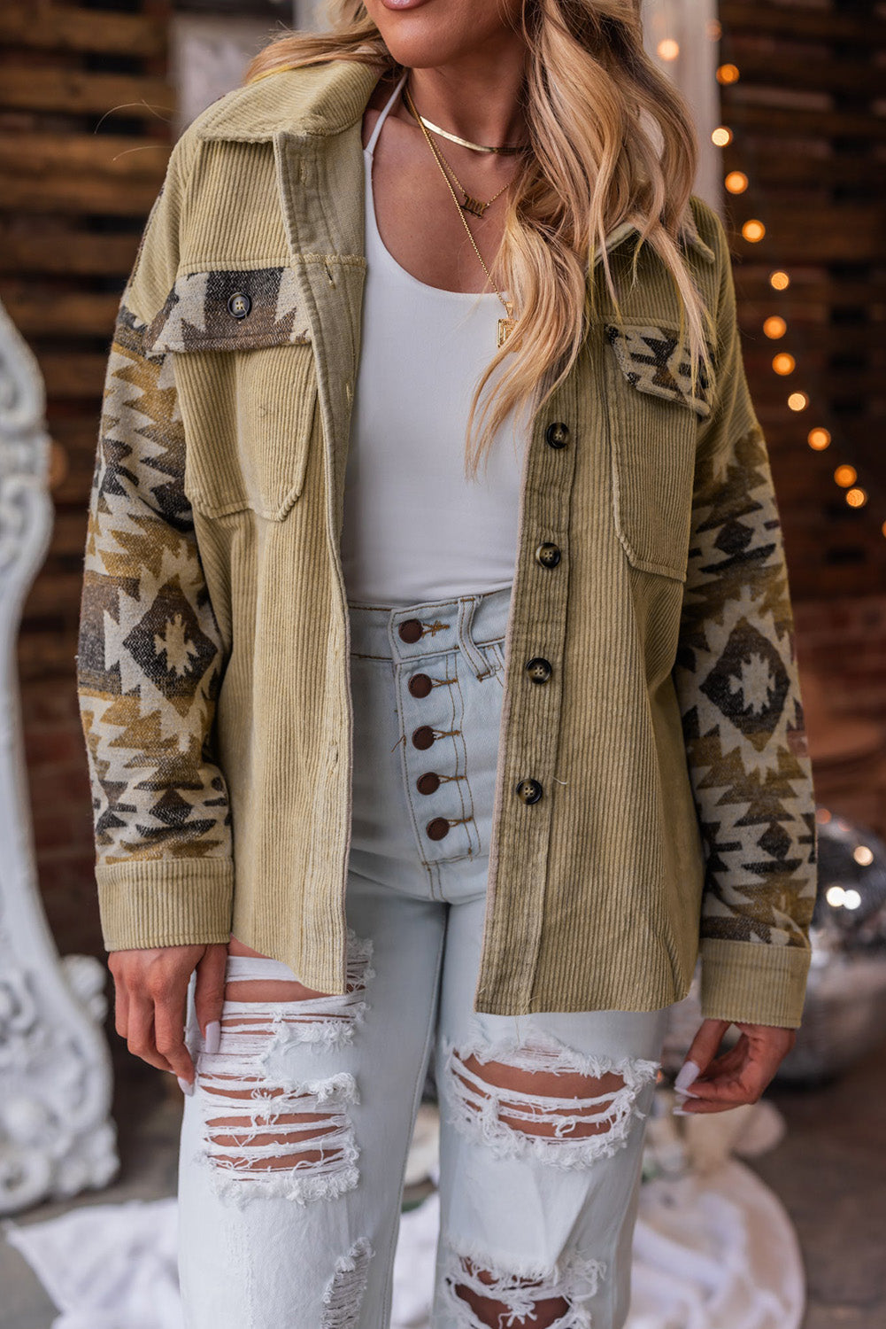 Women's Aztec-Pattern Patchwork Frayed Edge Khaki Cord Jacket