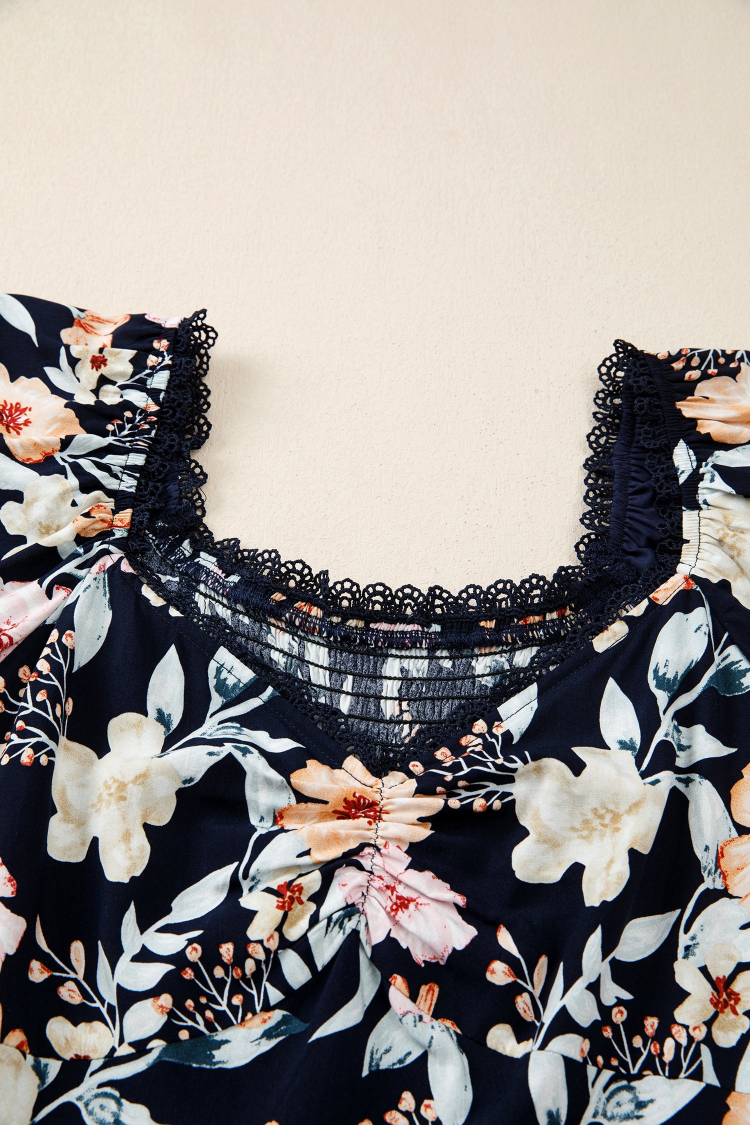 Short-Sleeved High-Waisted Smocked Detail Floral Maxi Dress