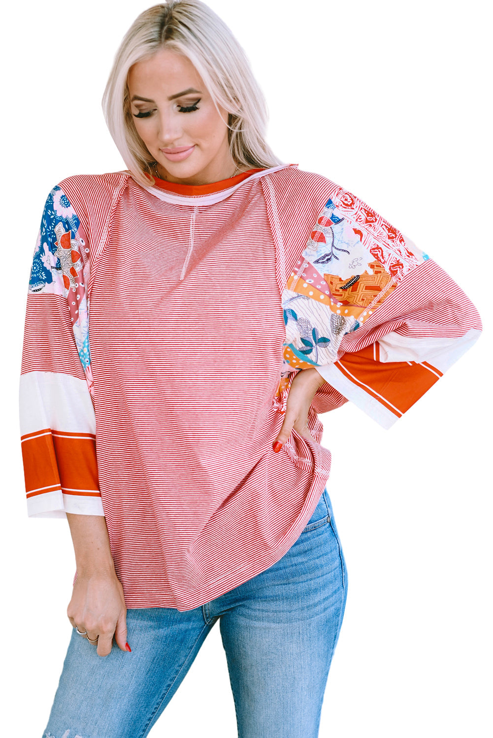 Pinstriped Color Block Patchwork Oversized Top