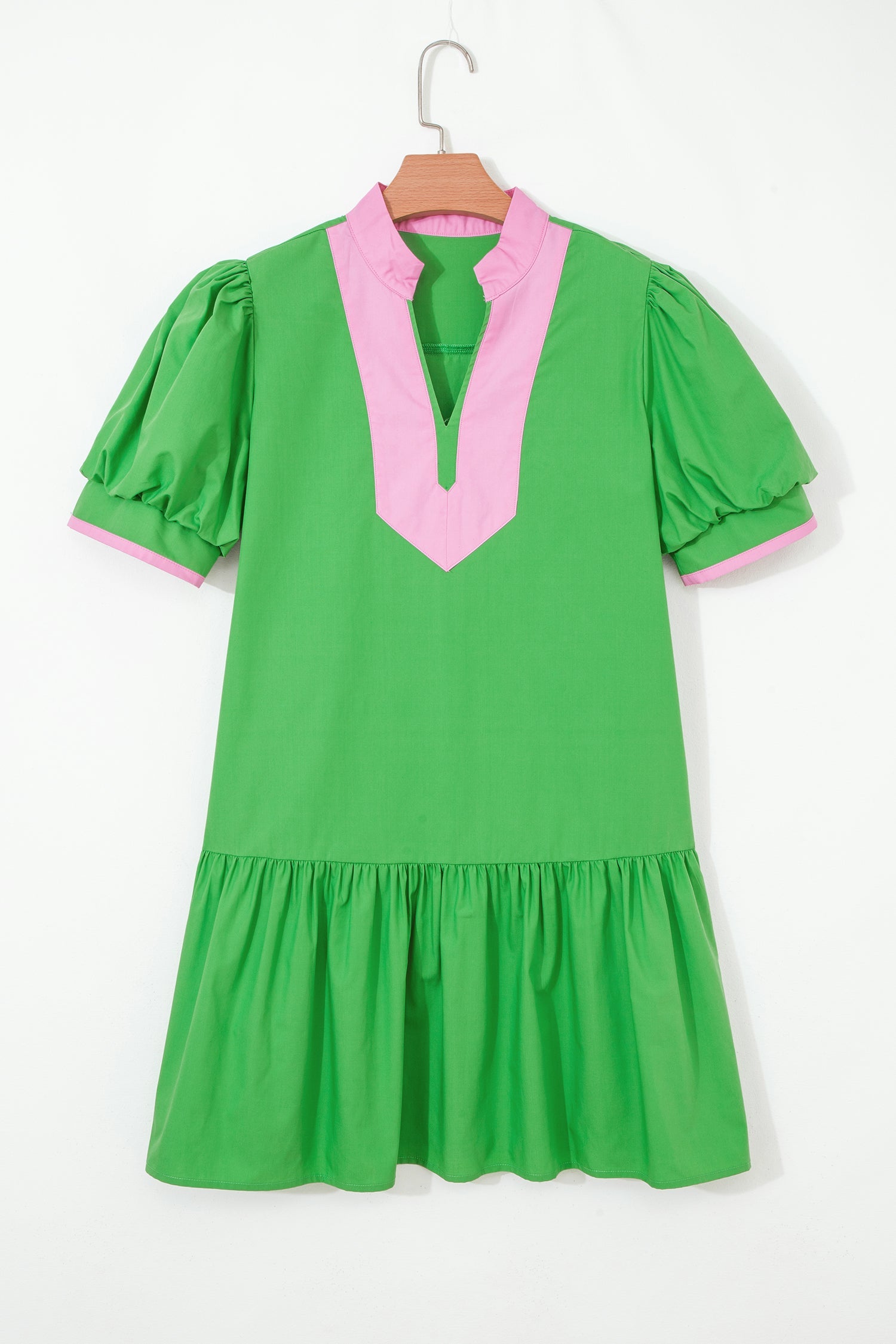 Split Neck Short Puff Sleeve Ruffle Hem Mini Dress