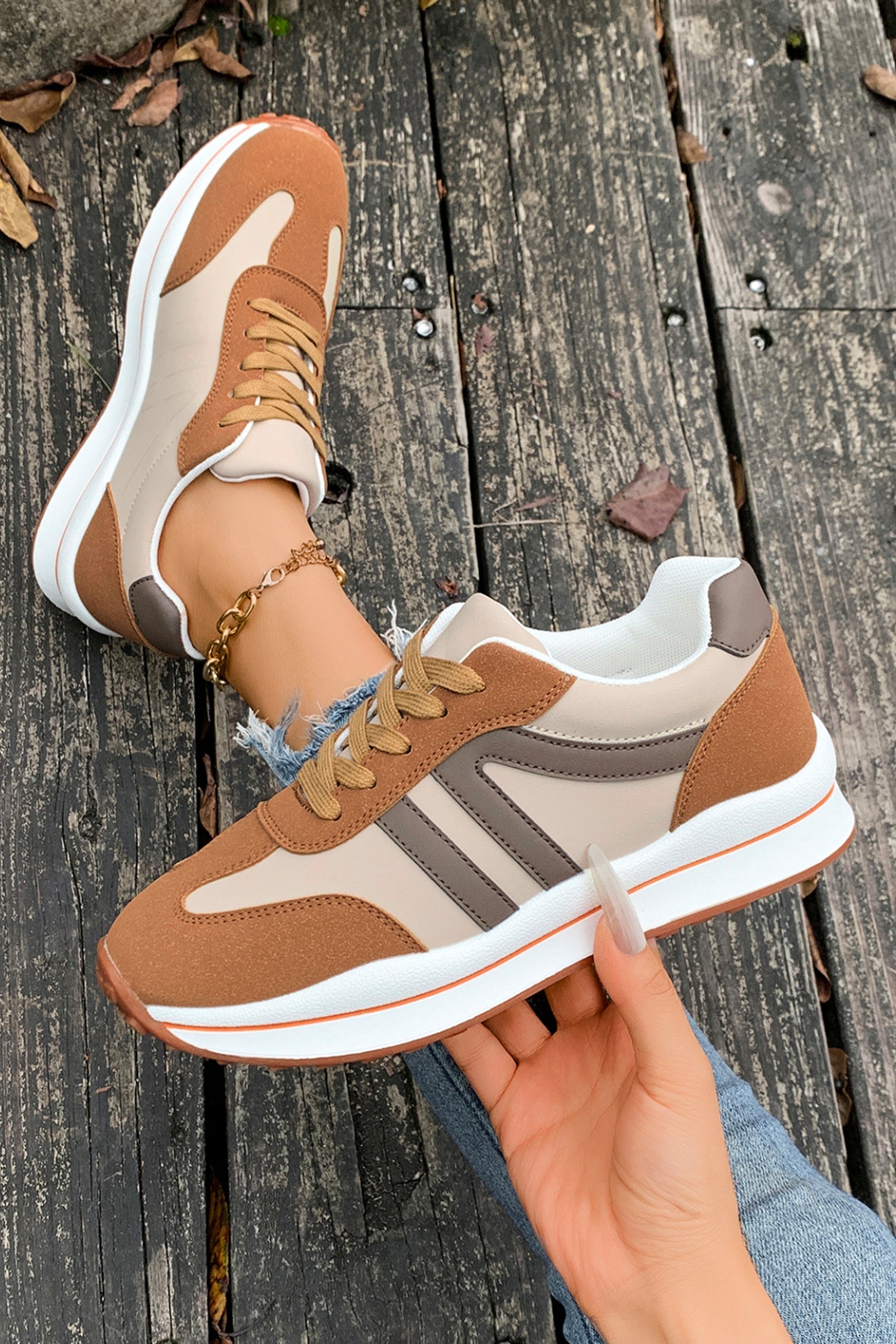Patchwork Varsity Colorblock Lace-up Leather Sneakers in Brown
