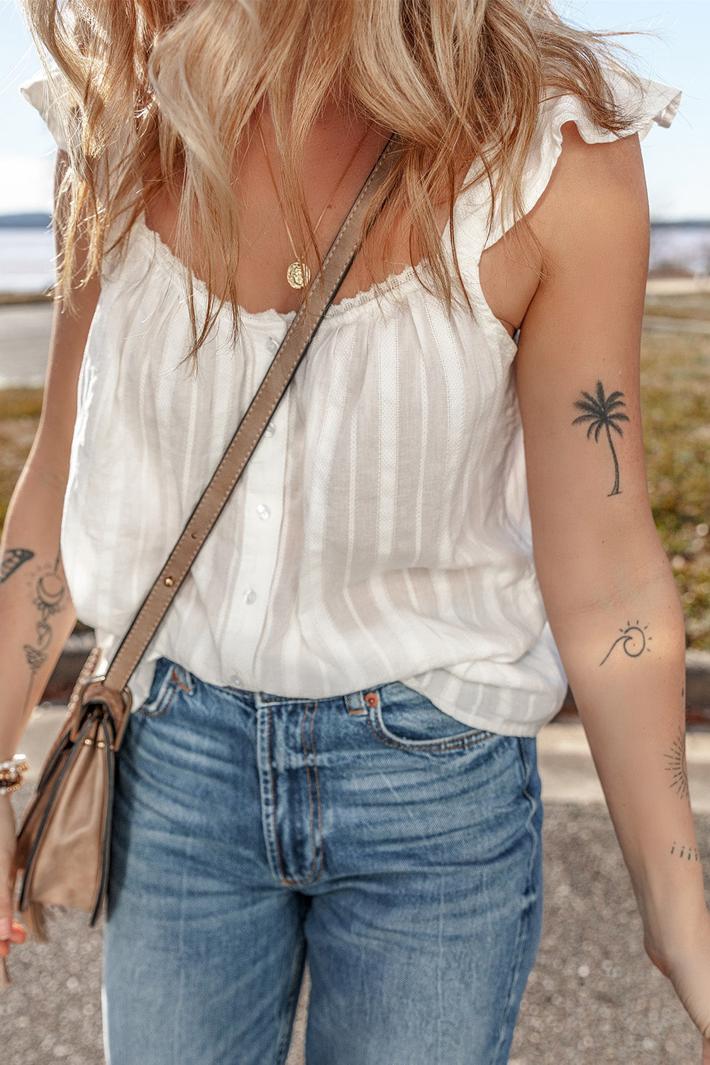 Lace Crochet Ruffled Buttoned Loose Fit Tank Top