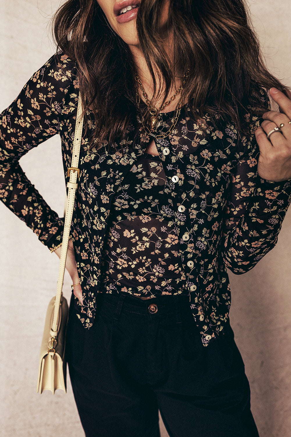 Floral-Print Mesh Tank Button Front Slim Cardigan 2-Piece Outfit