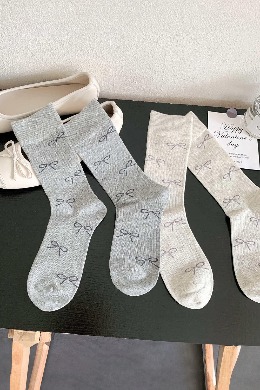 Bow Rib-Knit Knot Print Crew Socks