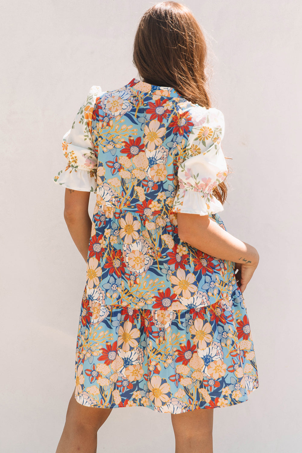 Boho Floral Print Crochet Patchwork V Neck Loose Mini Dress