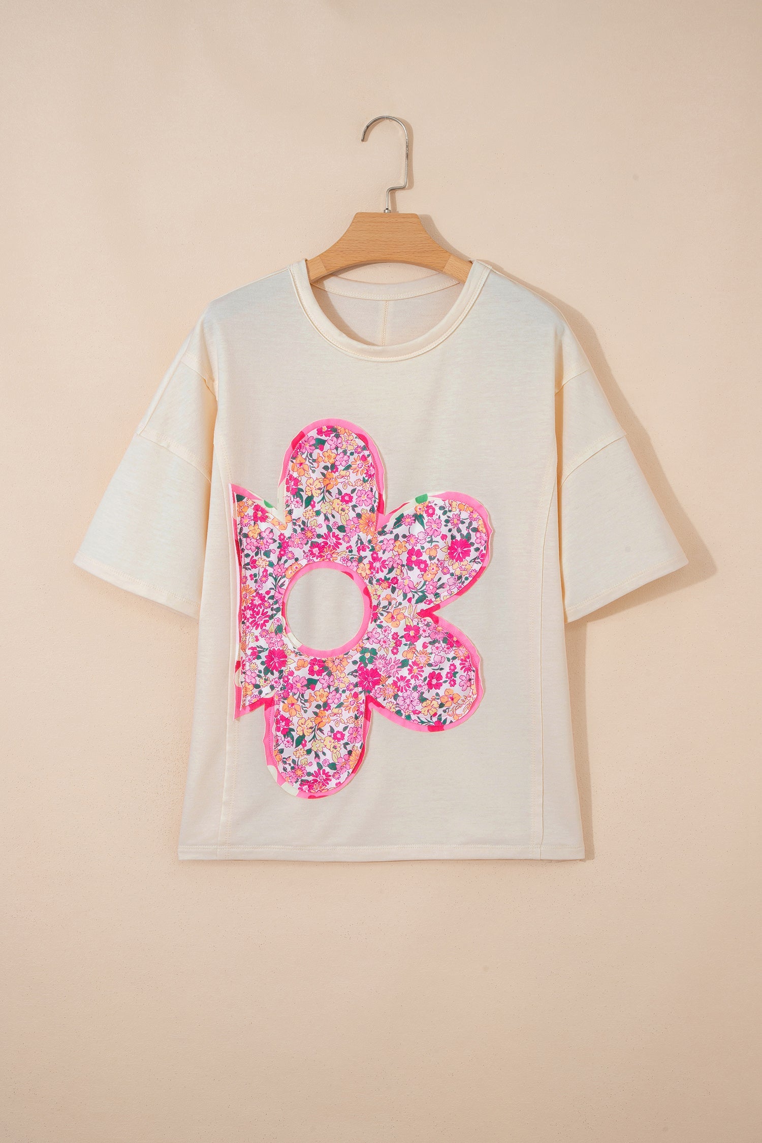 Floral Patched Raw Seam Big Flower Oversize Tee