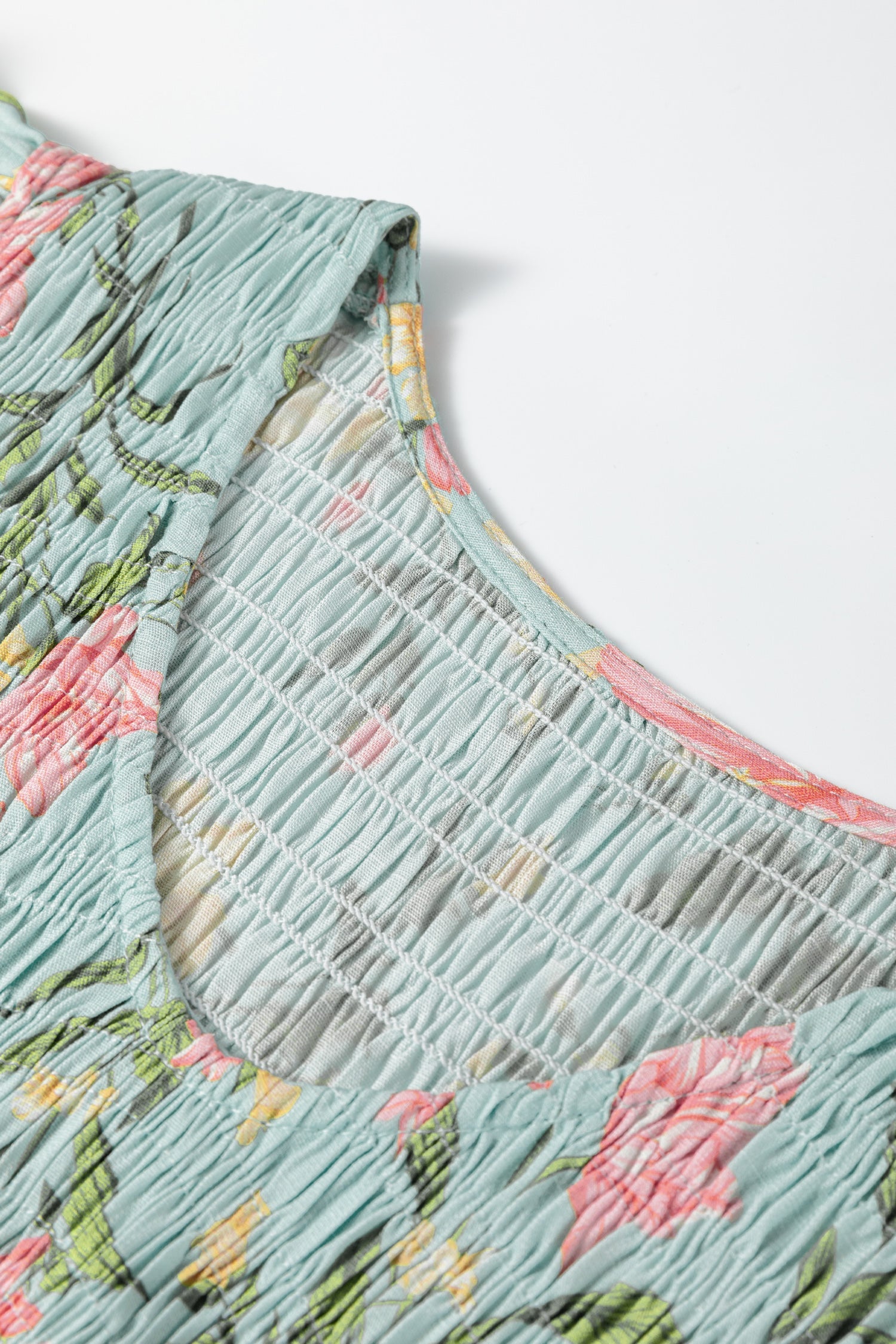 Smocked Sleeveless Bodice Ruffled Tiered Floral Maxi Dress