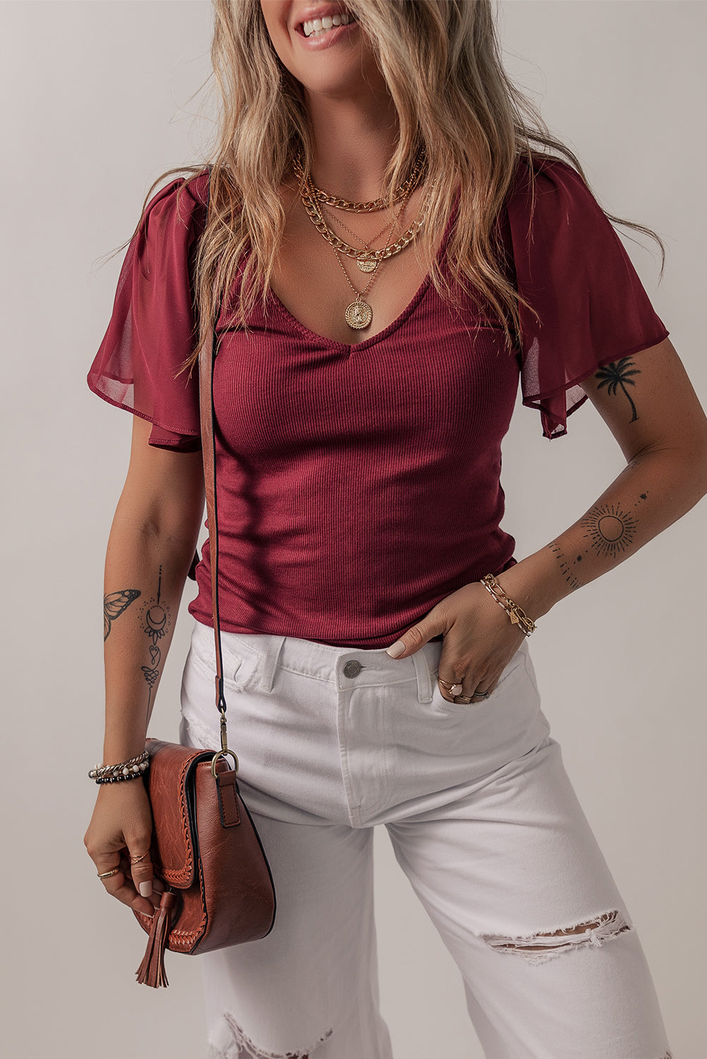 Red Mesh Ruffled Sleeve Slim Fit V Neck Top
