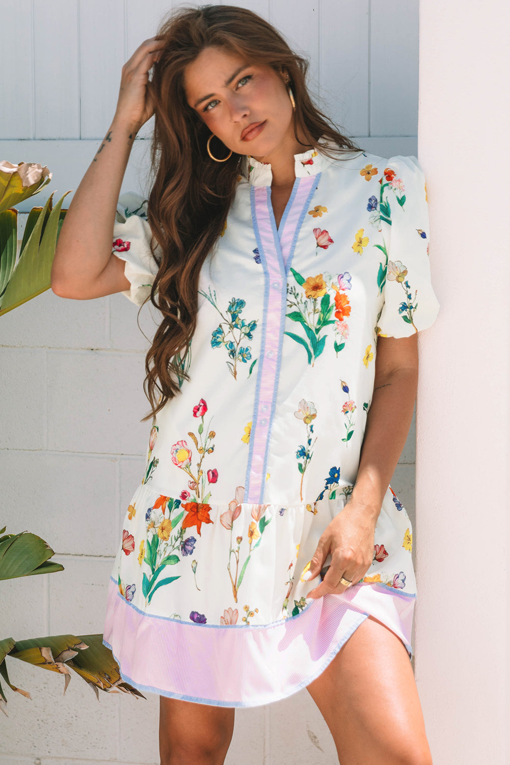 Floral Print Contrast Striped Puff Sleeve Dress