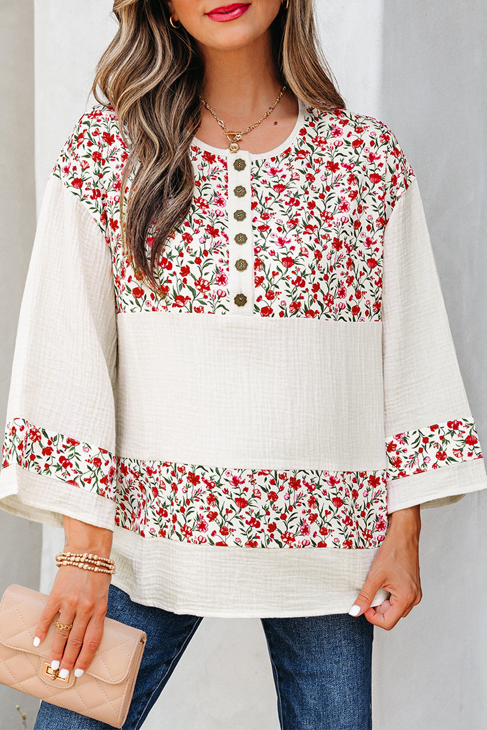 Patchwork Floral-Print Gauze Henley Button 3/4 Sleeve Blouse