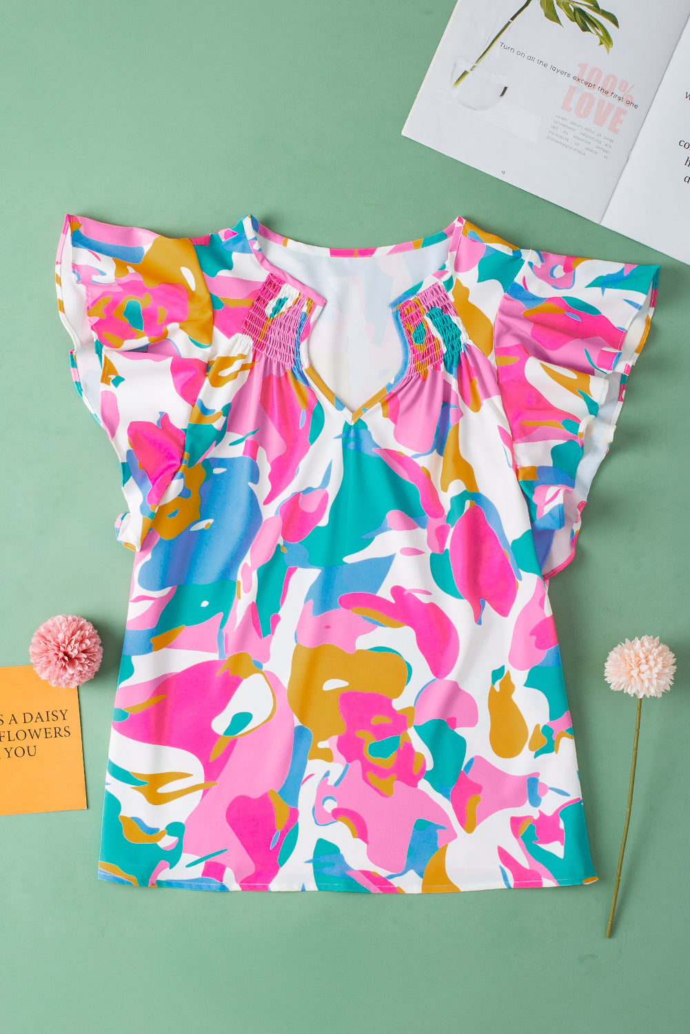 Women's Blouse with Abstract Print Notched Neck Flutter Sleeve