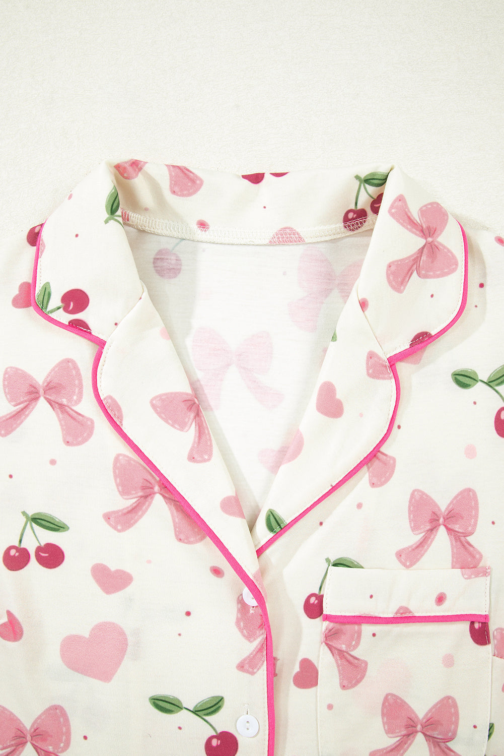Fruit Print Bow Print Contrast Pipping Short Pajamas Set