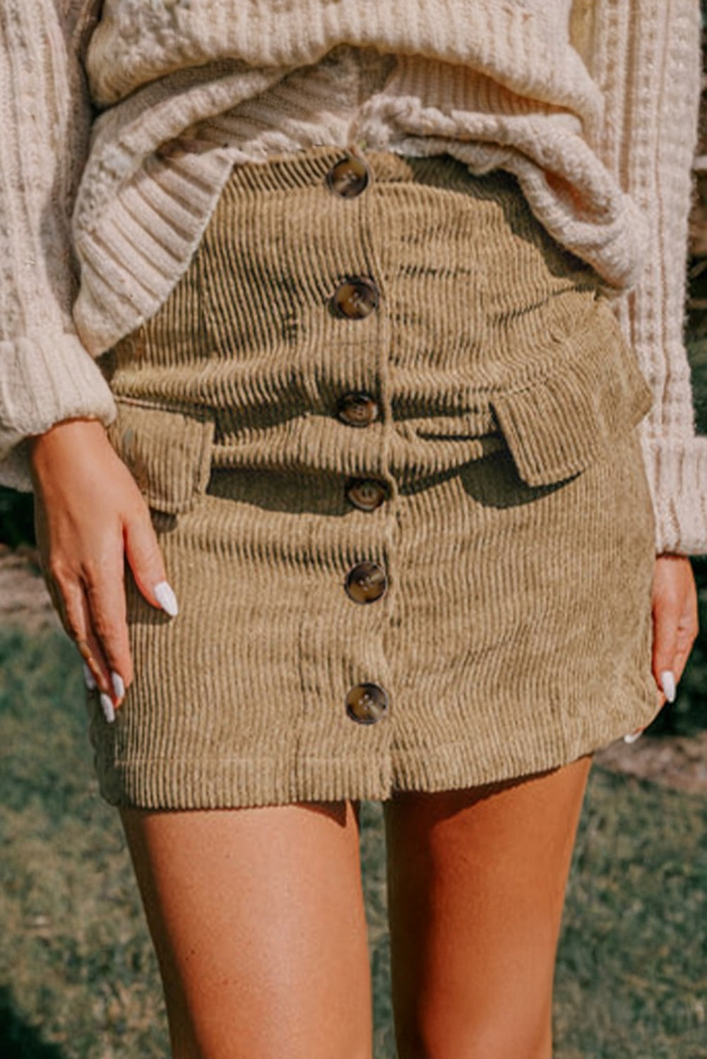 Button-Front Camel Corduroy Faux Pockets Mini Skirt