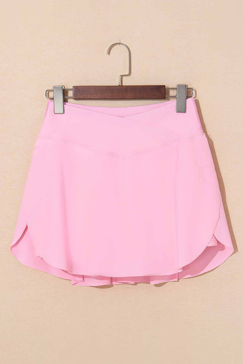 Pink Solid Pocketed Crossover High Waist Swim Skort