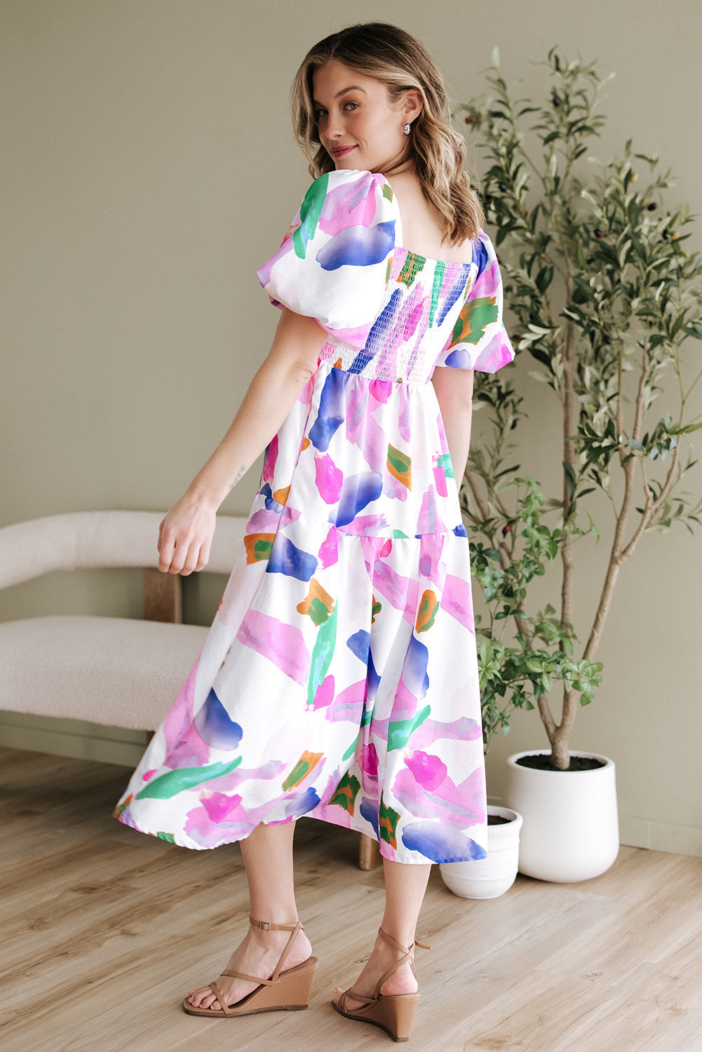 Purple Abstract Print Smocked Back Midi Dress