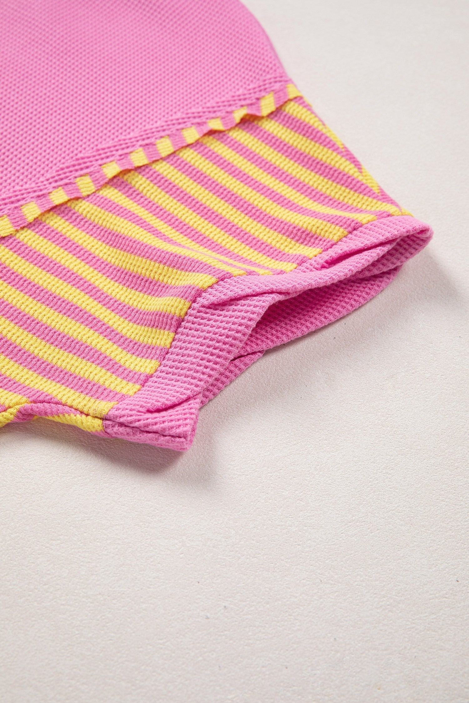 Waffle Striped Textured Contrast Loose T Shirt in Pink