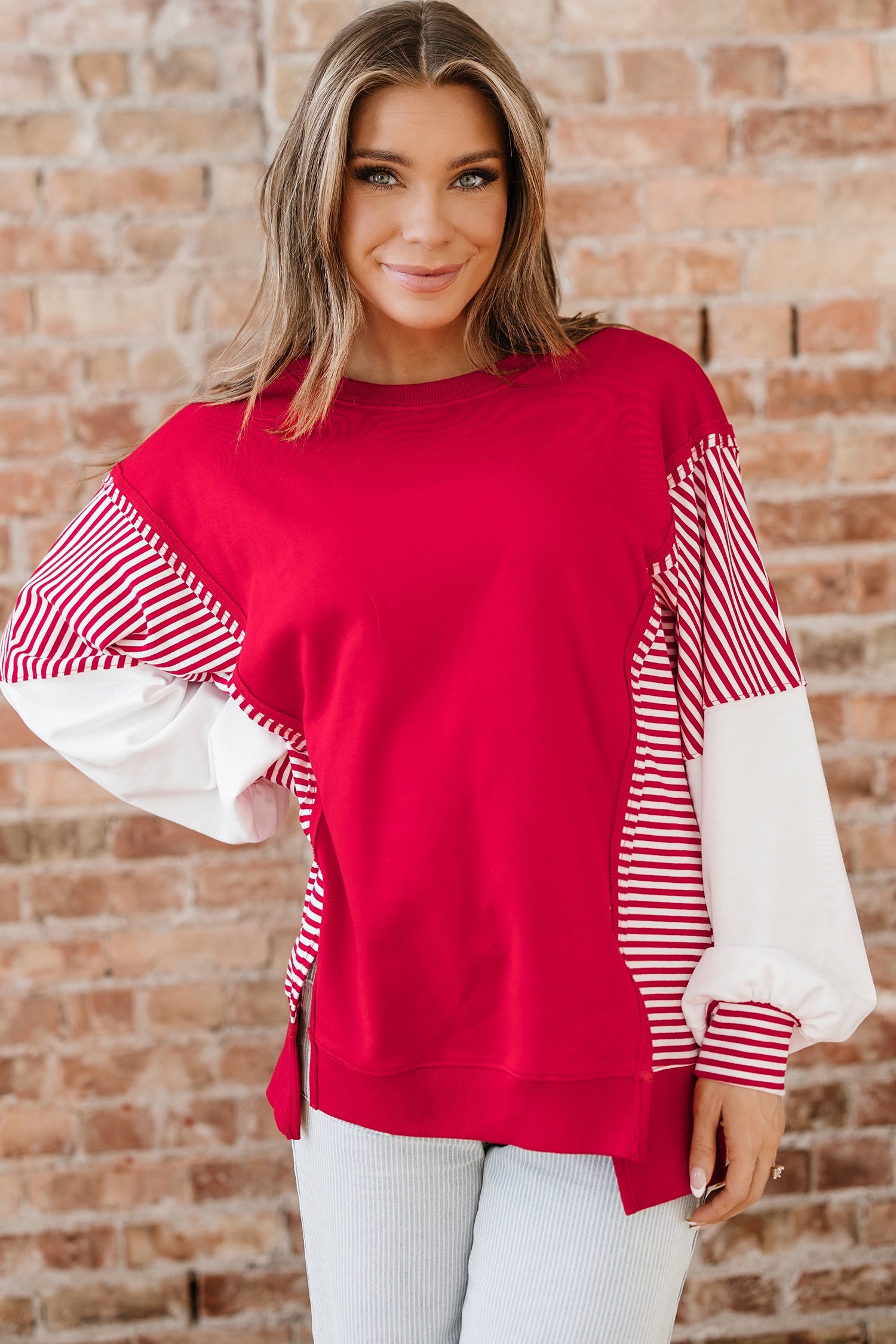 Striped Patchwork Sleeve Colorblock Sweatshirt