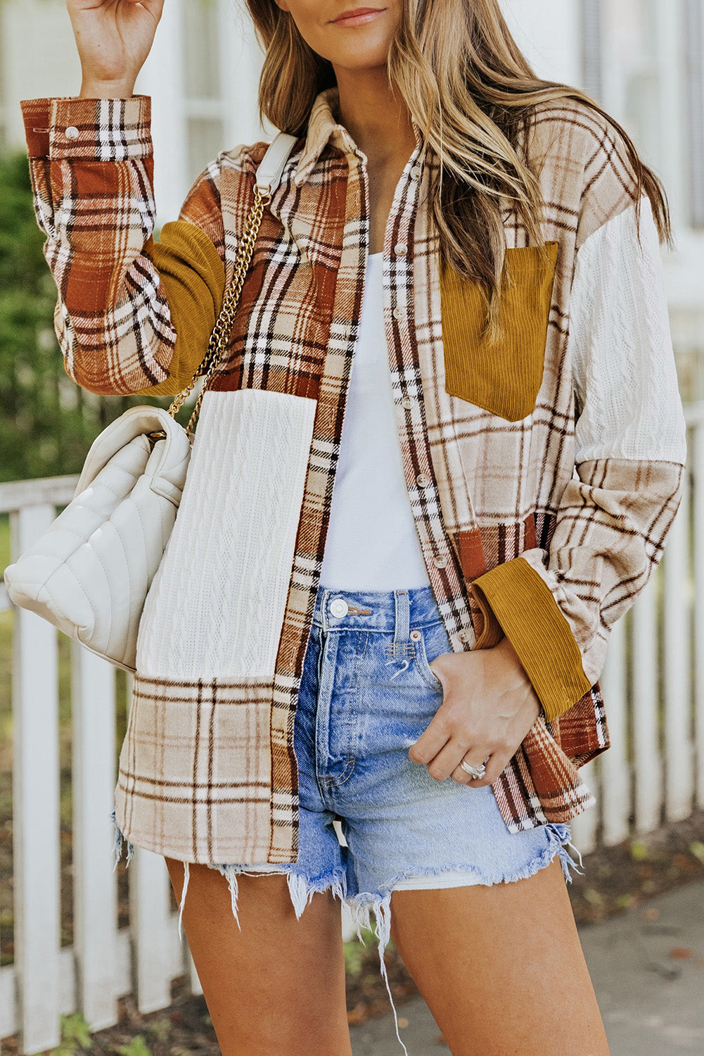 Veste chemise patchwork orange à carreaux color block avec poche