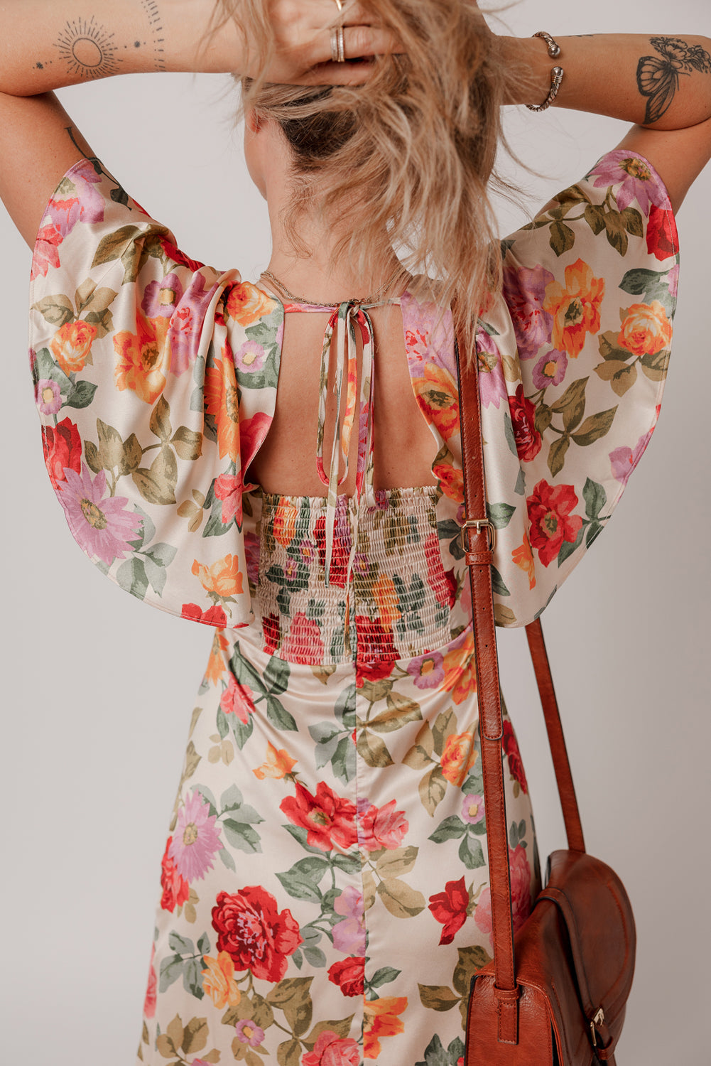 Vintage Floral V Neck Tie Back Long Slit Dress