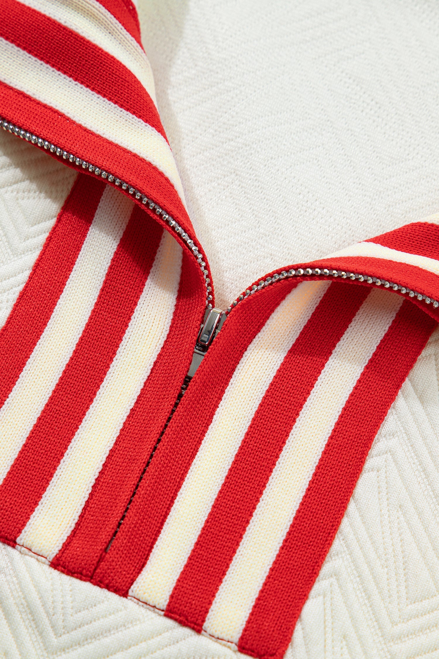 Contrast Textured Knit Striped Accent Zip Collar Pullover Top