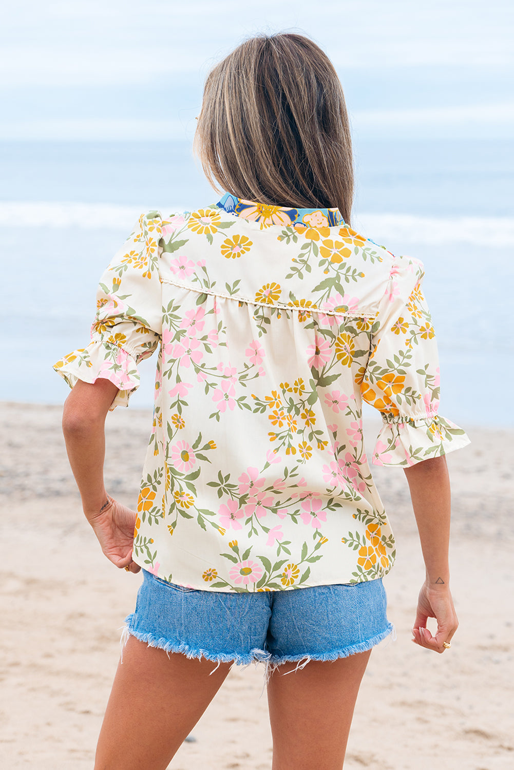 Crochet V Neck Half Sleeve Boho Floral Blouse
