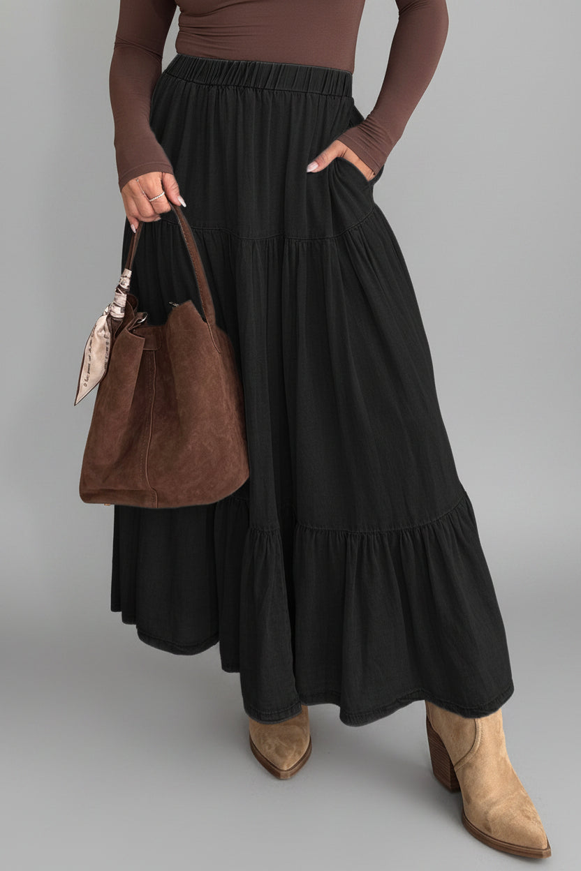 Waist Ruffled Elastic Ruffled Tiered Flared Denim Maxi Skirt in Black