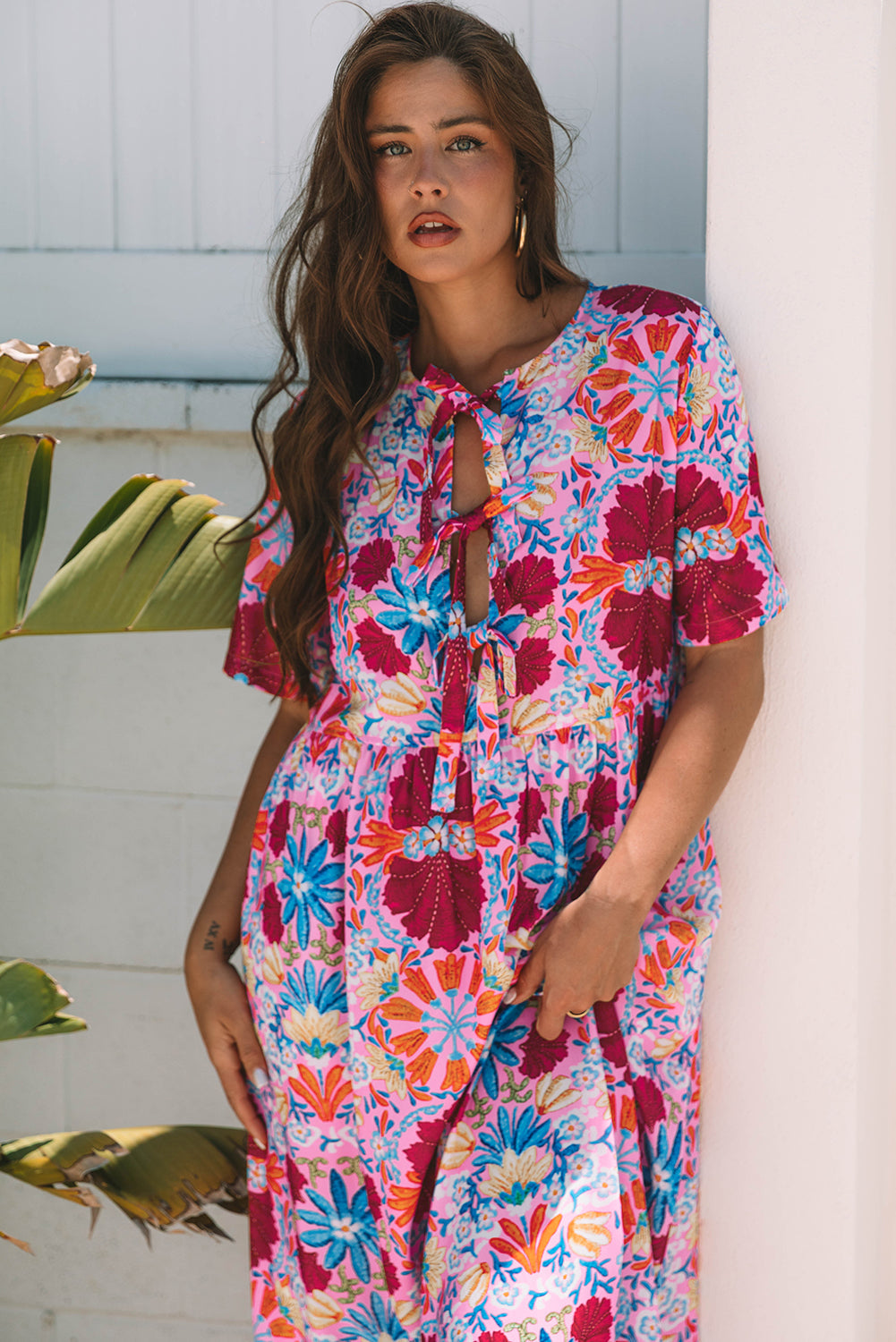 Floral Tied Front High-Waisted Short-Sleeved Loose Long Dress
