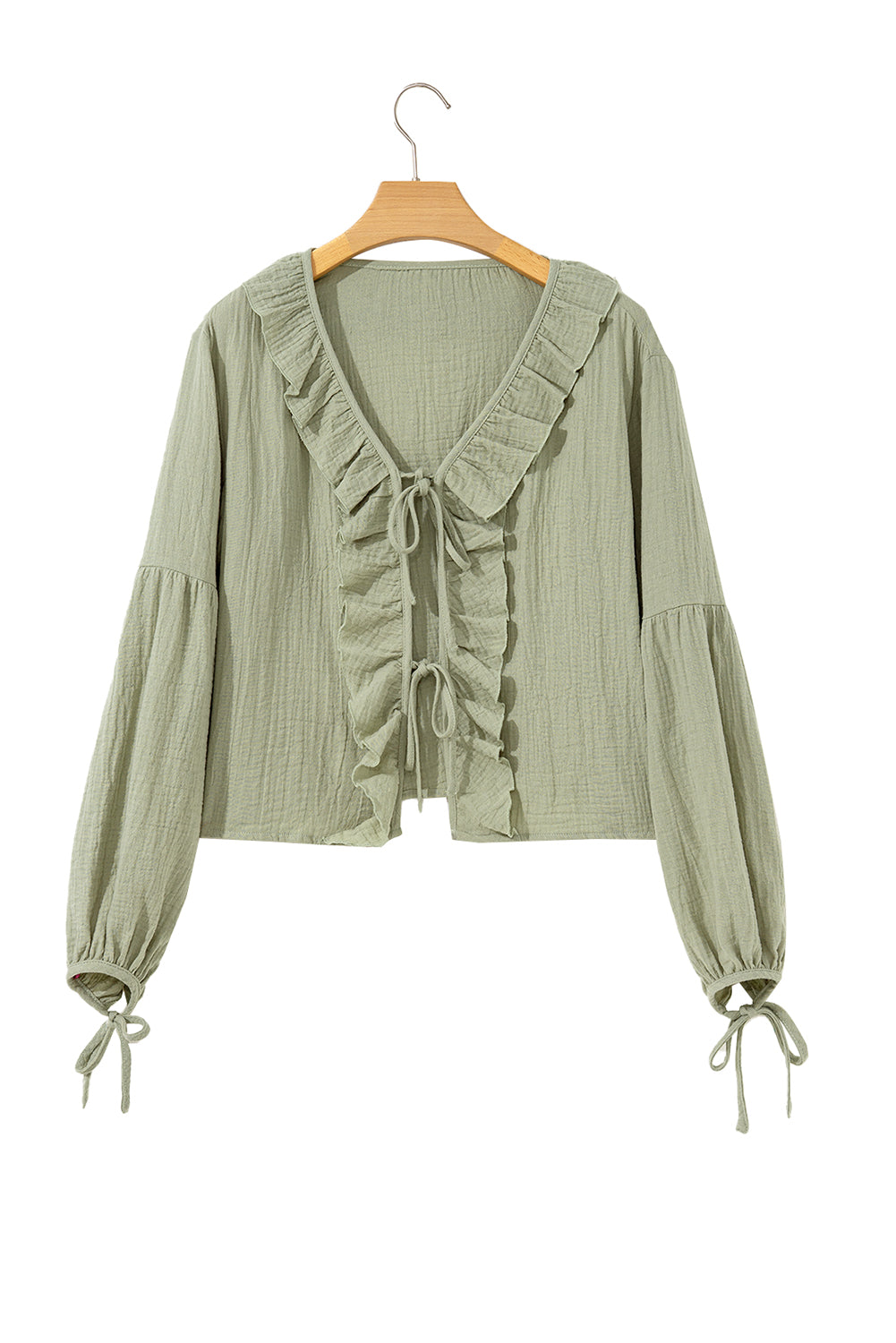 Bow Ruffle Tie Front Trim V-Neck Long-Sleeved Gauze Blouse