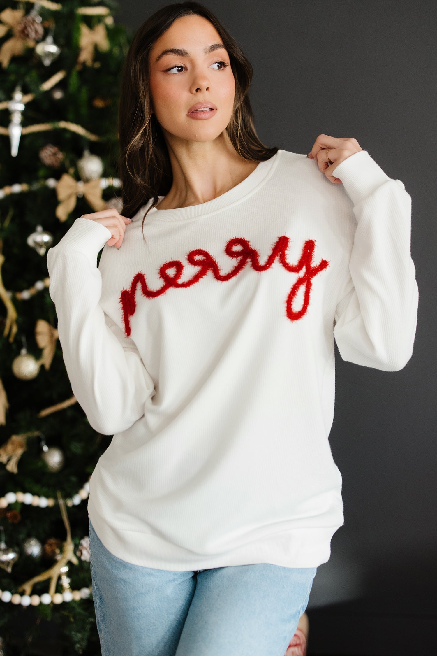 Merry Embroidery Tinsel Letter Rib-Knit Drop-Shoulder Sweatshirt